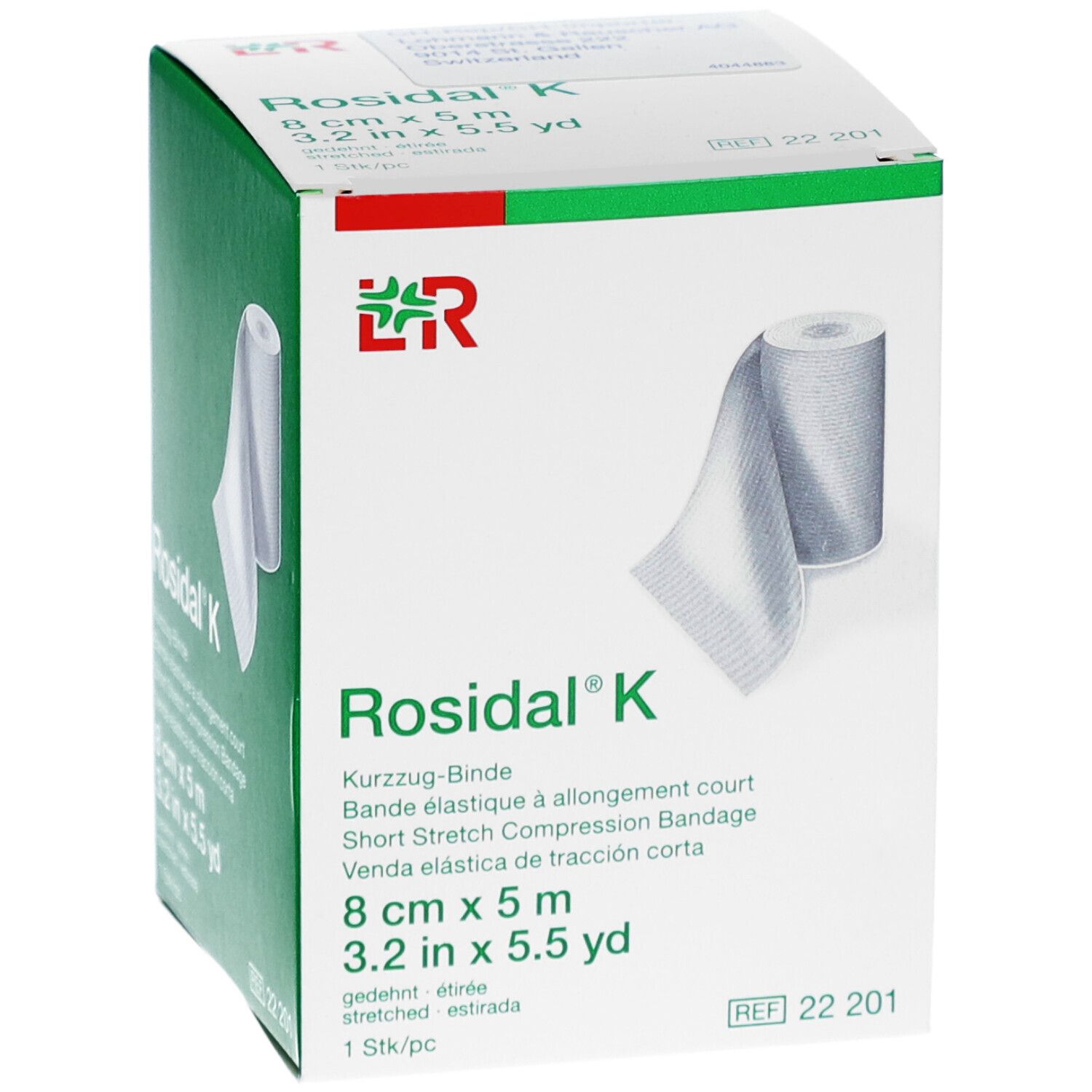 Rosidal® K, bandage à allongement court, 8 cm x 5 m. Boîte, vue de face et de côté. Nom et logo du produit visibles.
