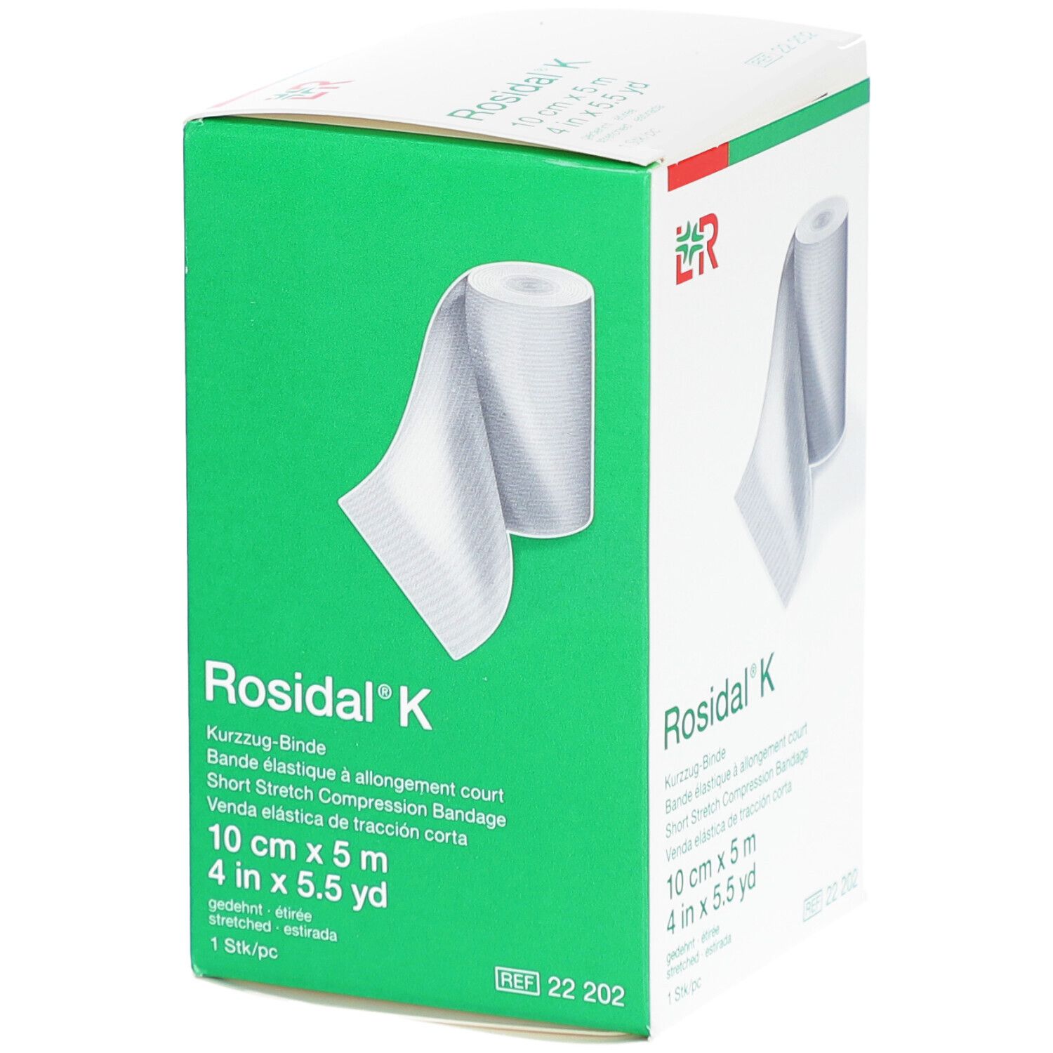 Rosidal K, bandage de compression. Dimensions : 10 cm x 5 m. Emballage vert avec illustration du produit. Logo du fabricant.