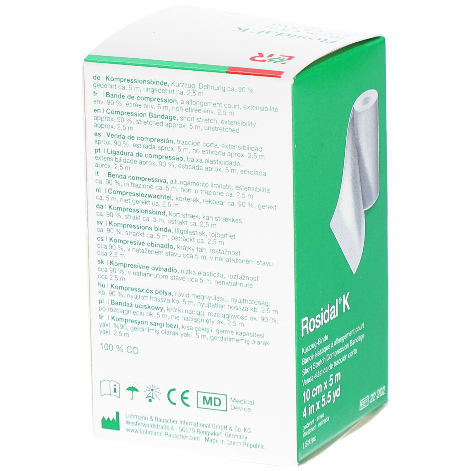 Rosidal K, bandage de compression. Dimensions : 10 cm x 5 m. Emballage avec texte multilingue. Marquage dispositif médical.