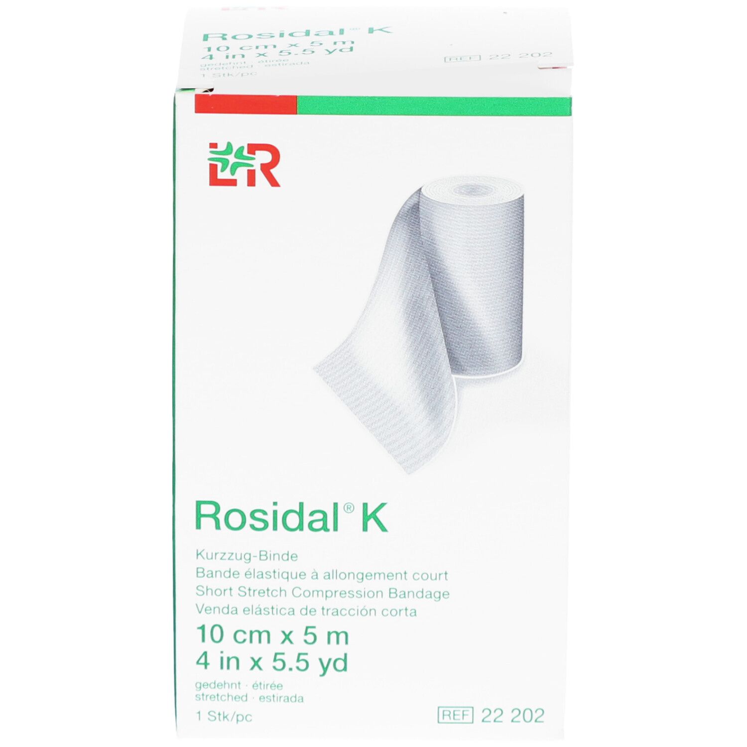 Rosidal K, bandage de compression. Dimensions : 10 cm x 5 m. Emballage avec illustration du produit. Fond blanc. Logo du fabricant.