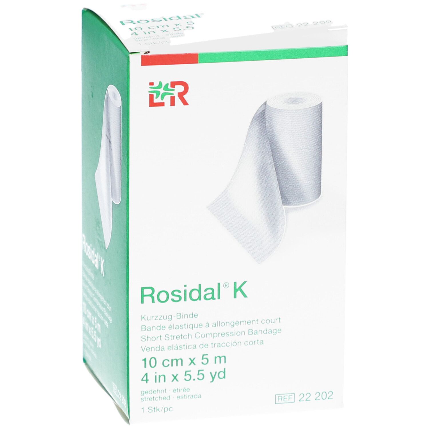Rosidal K, bandage de compression. Dimensions : 10 cm x 5 m. Emballage vert avec illustration du produit. Logo du fabricant.