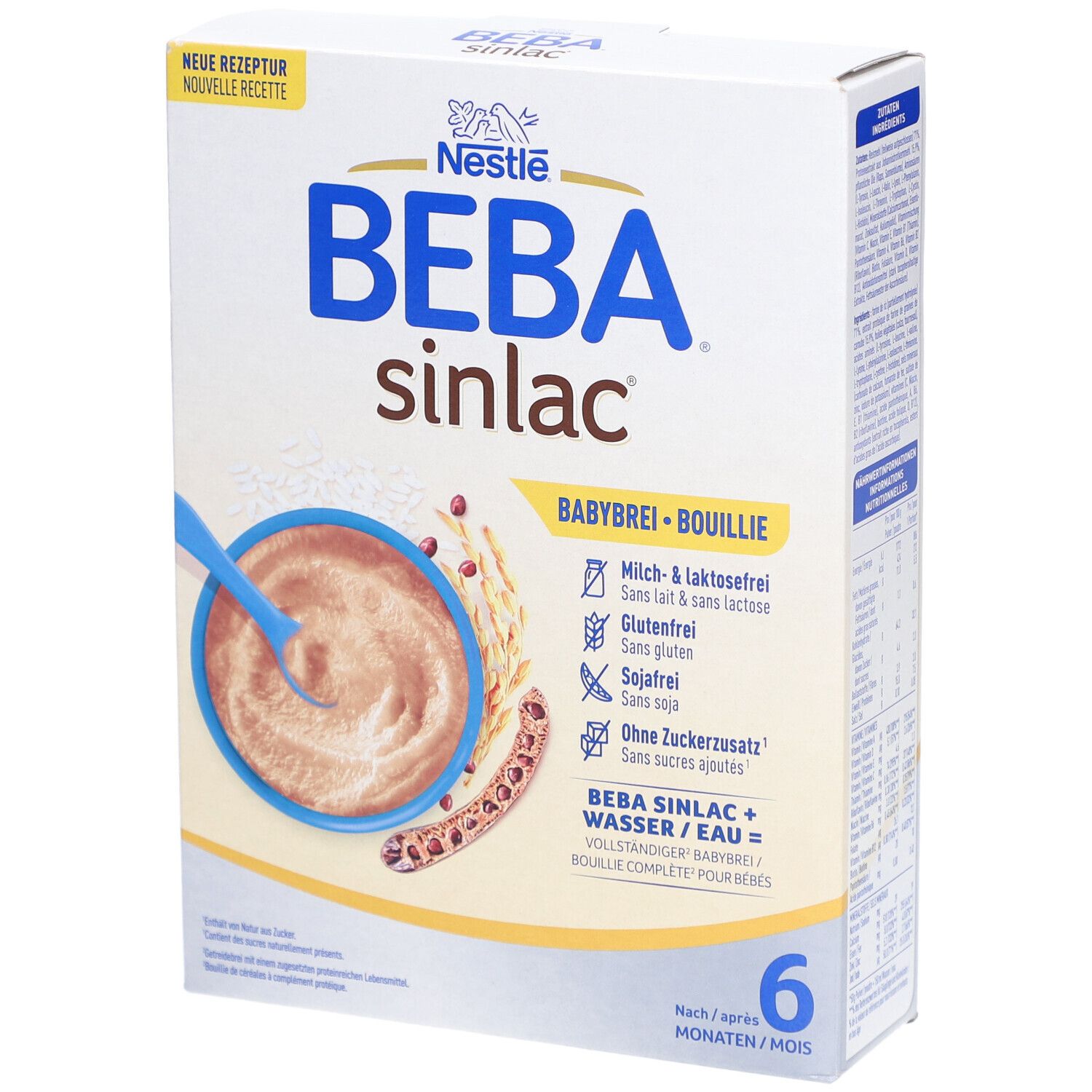 Verpackung von BEBA Sinlac Babybrei. Enthält Milch- & laktosefrei, glutenfrei, sojafrei, ohne Zuckerzusatz. Altersempfehlung: 6 Monate.