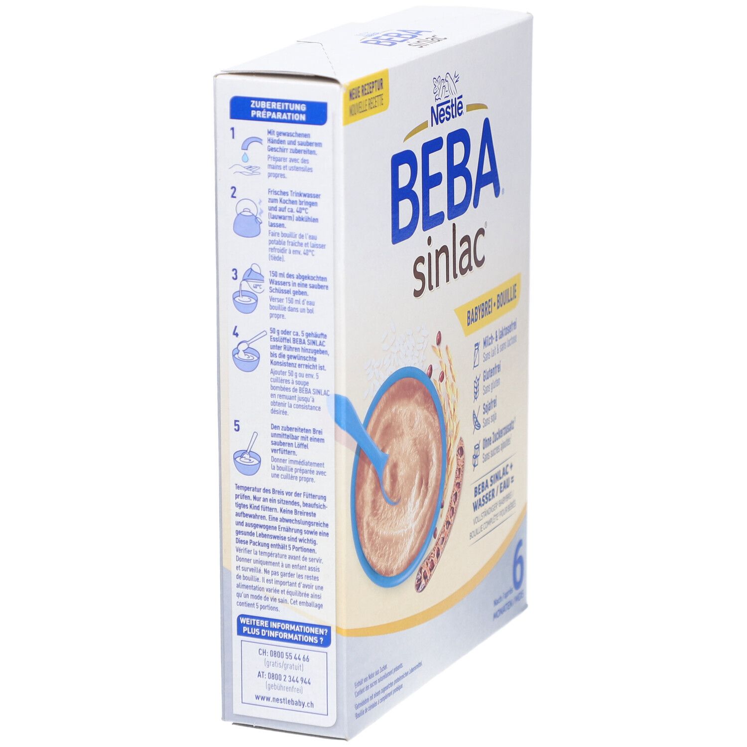 Seitenansicht der BEBA Sinlac Babybrei Verpackung. Zeigt Zubereitungshinweise und Produktinformationen. Altersempfehlung: 6 Monate.