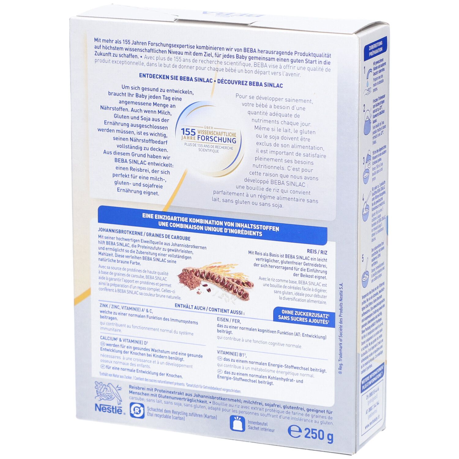 Rückseite der BEBA Sinlac Babybrei Verpackung. Enthält Informationen zu Inhaltsstoffen und Nährwerten. Gewicht: 250g.