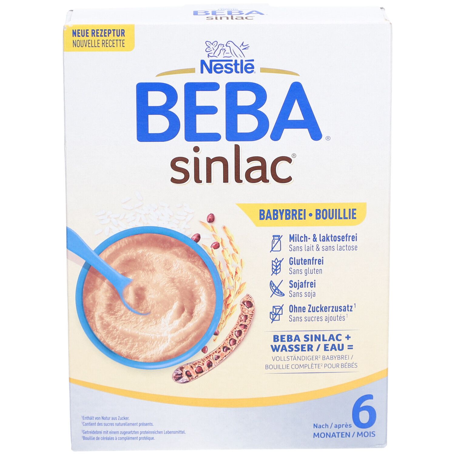 Vorderansicht der BEBA Sinlac Babybrei Verpackung. Zeigt Produktabbildung und wichtige Informationen. Altersempfehlung: 6 Monate.