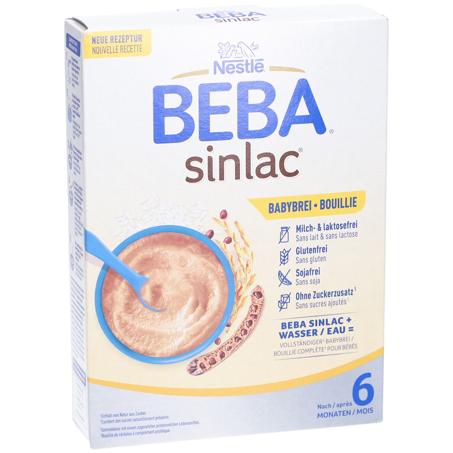 Vorderansicht der BEBA Sinlac Babybrei Verpackung. Zeigt Produktabbildung und wichtige Informationen. Altersempfehlung: 6 Monate.