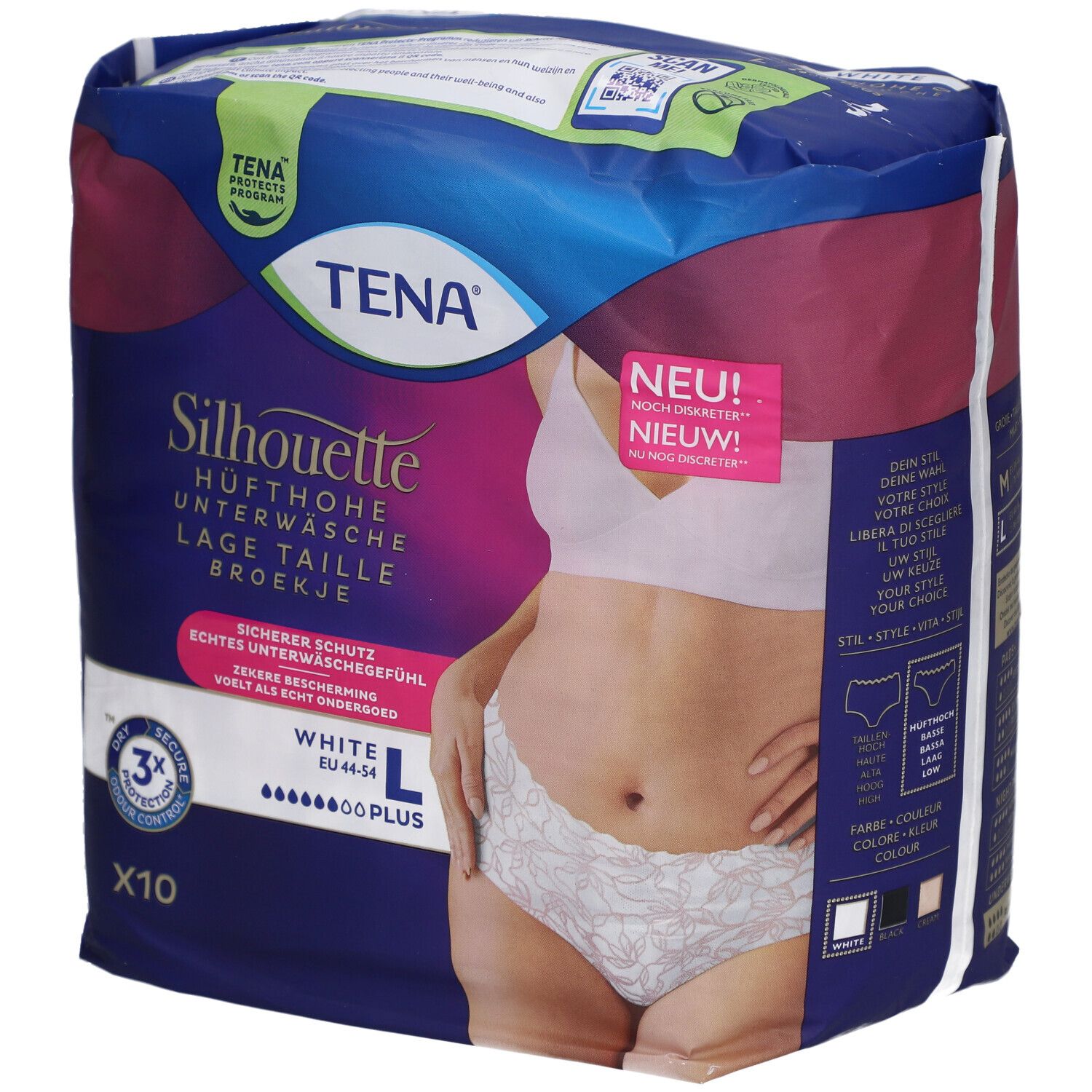 Paquet de TENA Silhouette Plus White L. Sous-vêtements taille haute, taille L, 10 pièces. Visible : marque, nom du produit, caractéristiques.