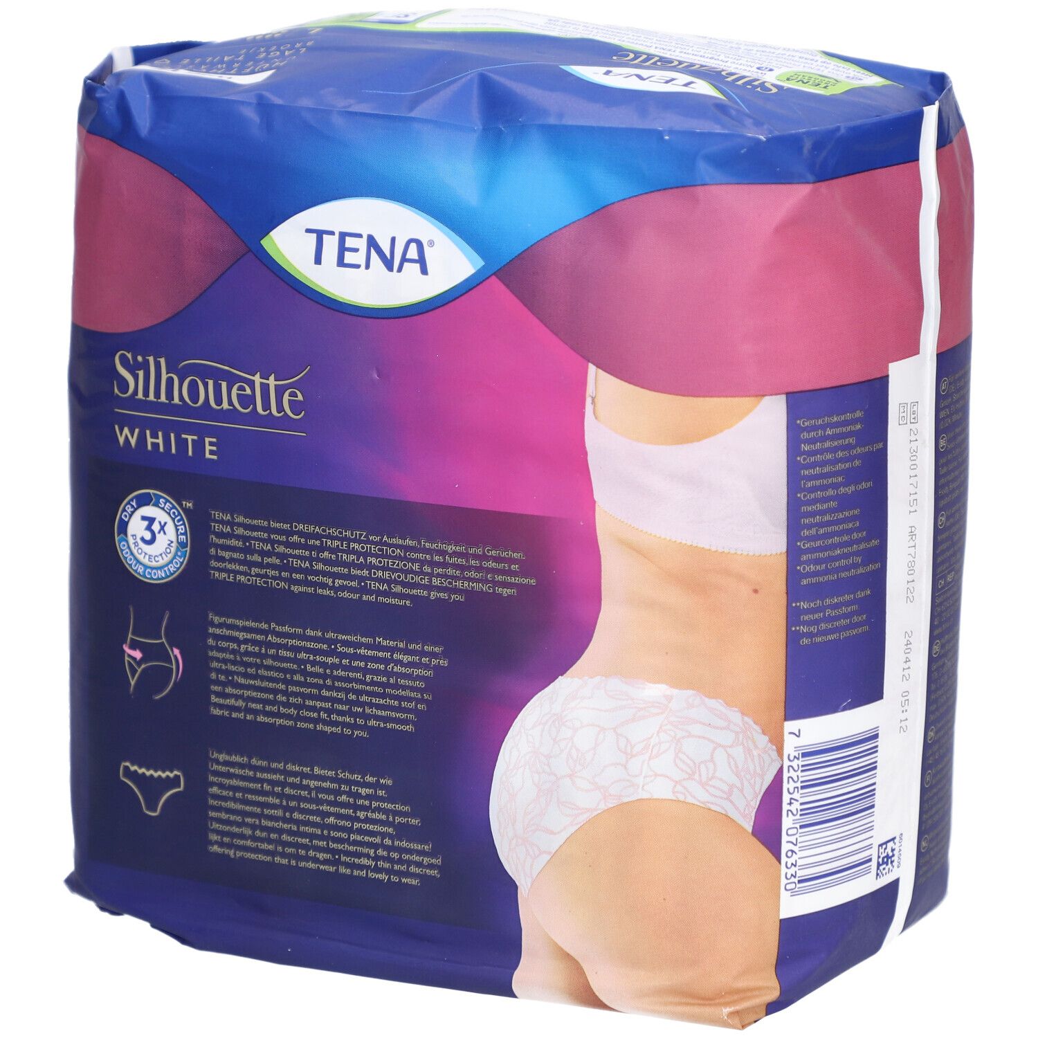 Dos du paquet TENA Silhouette White. Sous-vêtements taille haute. Informations sur le produit, tailles et caractéristiques.