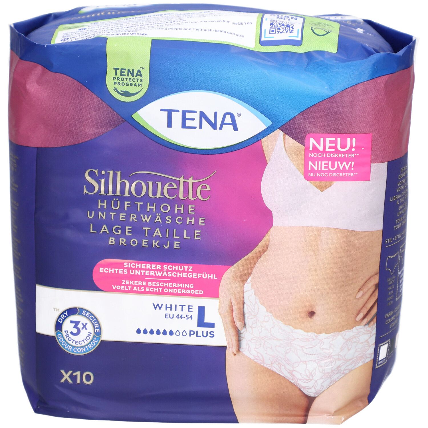 Paquet TENA Silhouette Plus White L. Sous-vêtements taille haute, taille L, 10 pièces. Visible : marque, nom du produit, caractéristiques.
