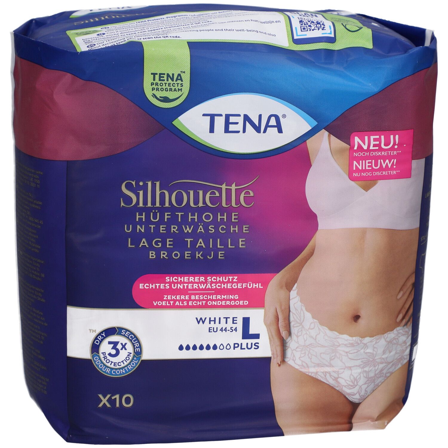 Paquet TENA Silhouette Plus White L. Sous-vêtements taille haute, taille L, 10 pièces. Visible : marque, nom du produit, caractéristiques.