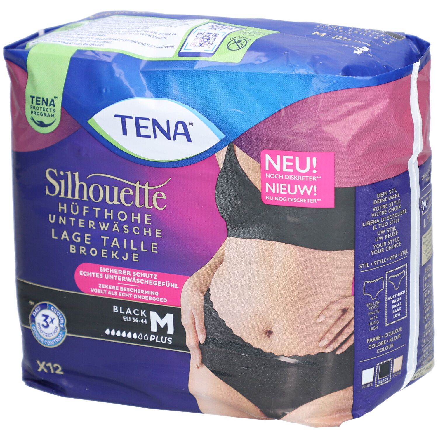 Verpackung TENA Silhouette Hüfthohe Unterwäsche, schwarz, Größe M. Sichtbar: Produktname, Logo, Packungsinhalt.