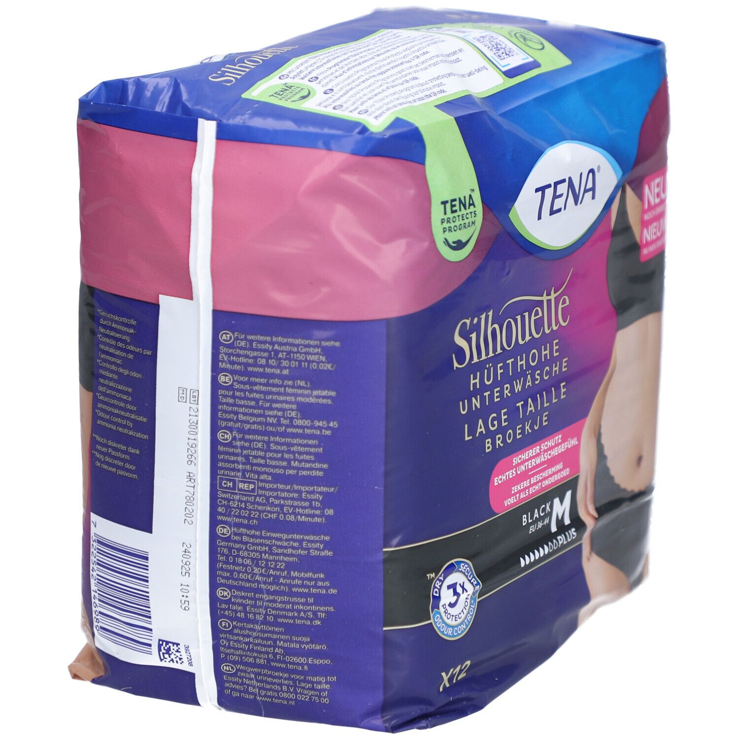 Verpackung TENA Silhouette Unterwäsche, schwarz, Größe M. Ansicht: Rückseite der Verpackung mit Produktinformationen.