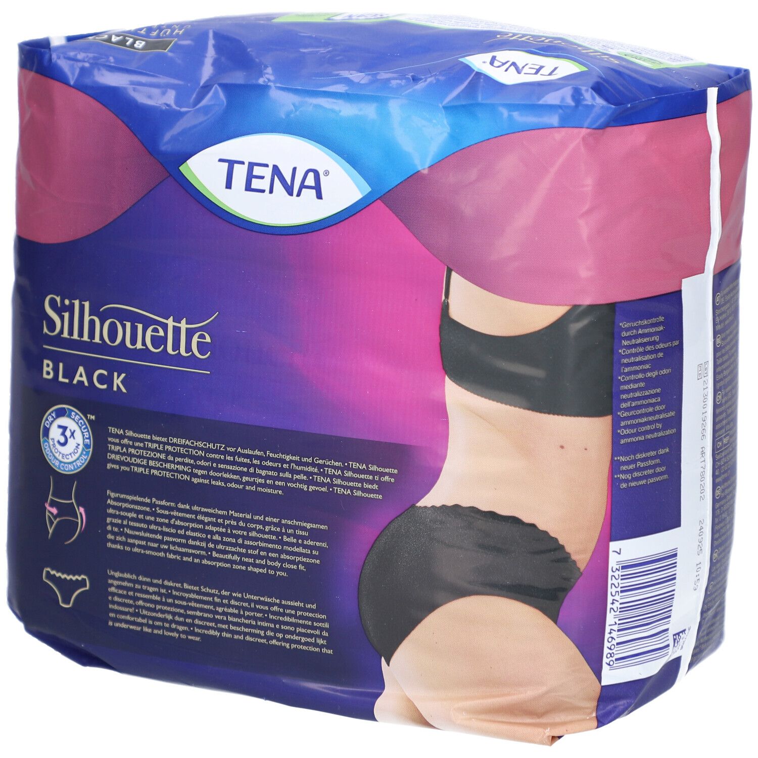 Verpackung TENA Silhouette Unterwäsche, schwarz, Größe M. Ansicht: Verpackung mit Produktinformationen und Logo.