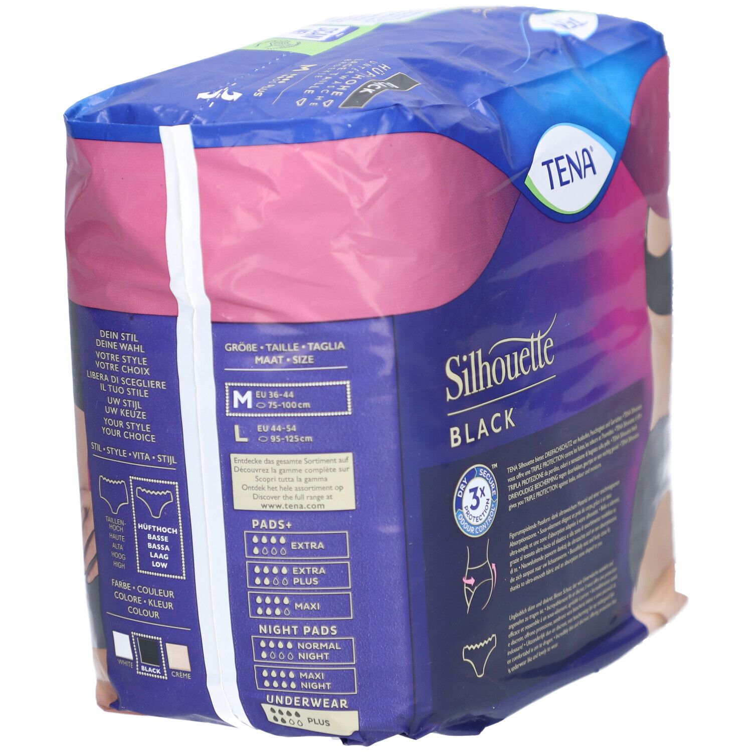 Verpackung TENA Silhouette Unterwäsche, schwarz, Größe M. Ansicht: Verpackung mit Größenangaben und Logo.