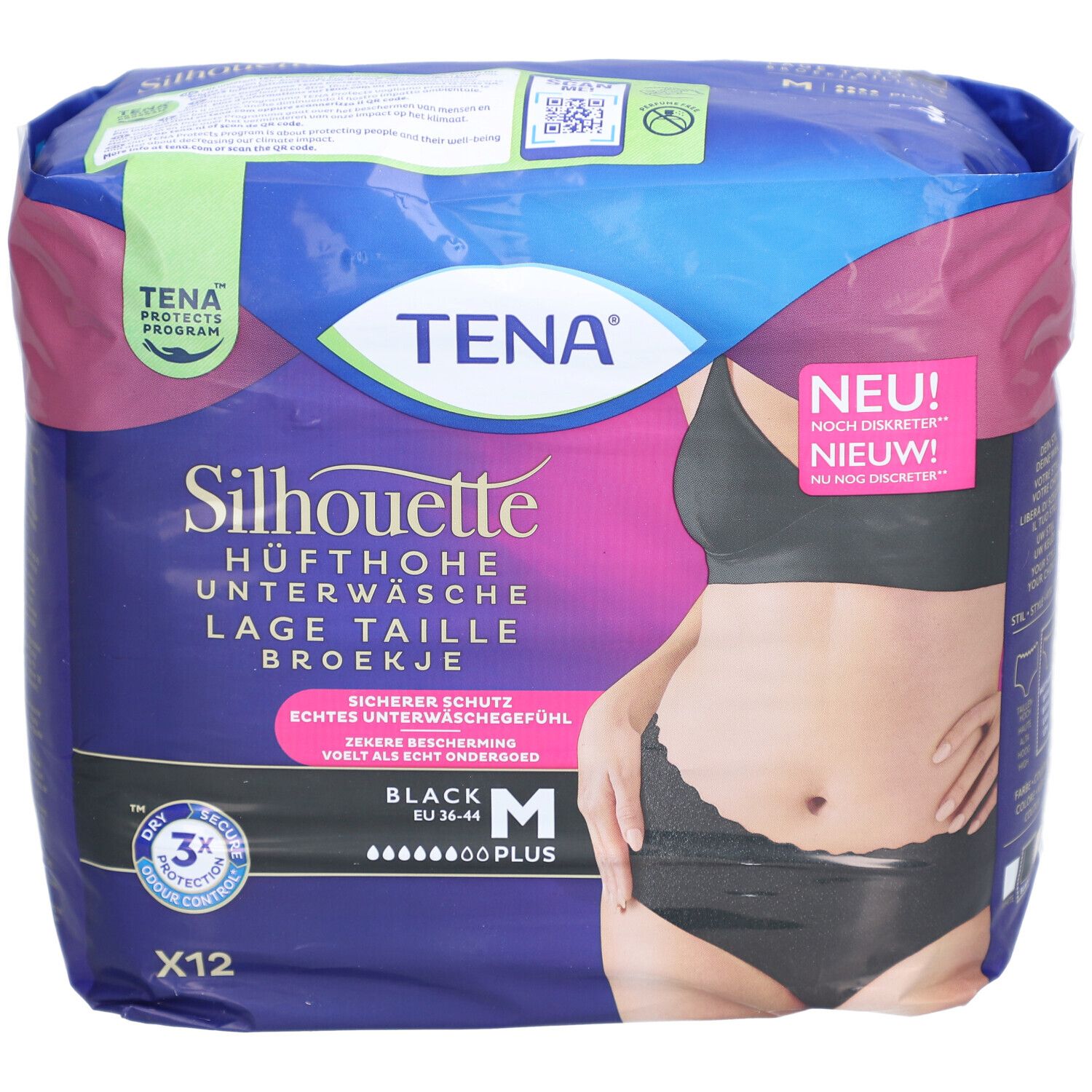 Verpackung TENA Silhouette Hüfthohe Unterwäsche, schwarz, Größe M. Sichtbar: Produktname, Logo, Packungsinhalt.