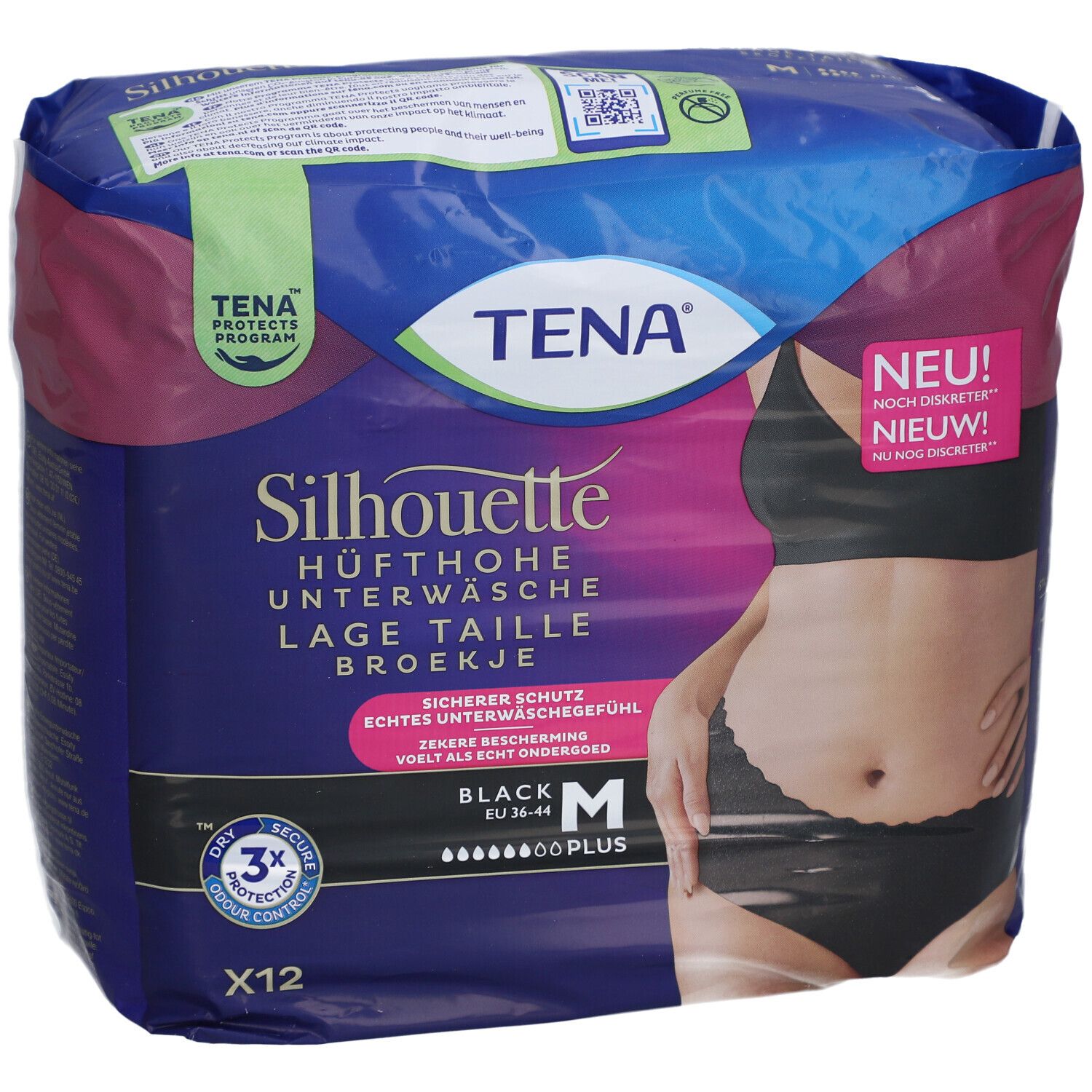Verpackung TENA Silhouette Hüfthohe Unterwäsche, schwarz, Größe M. Sichtbar: Produktname, Logo, Packungsinhalt.