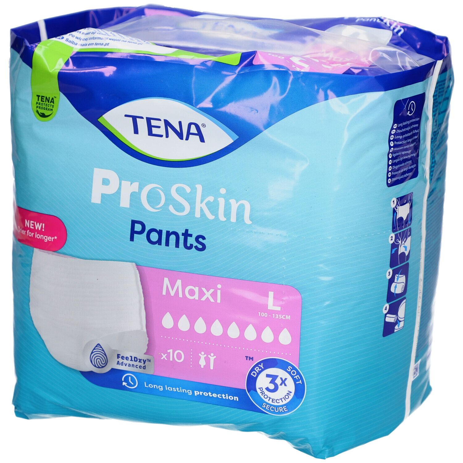 Paquet de TENA ProSkin Pants Maxi, taille L, 100-135 cm. 10 unités. Protection 3x. Feeldry Advanced. Design bleu et blanc.