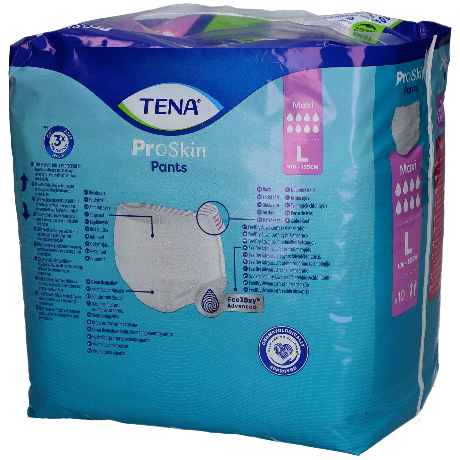 Paquet TENA ProSkin Pants Maxi, taille L, 100-135 cm. Testé dermatologiquement. Protection 3x. Feeldry Advanced. Design bleu et blanc.
