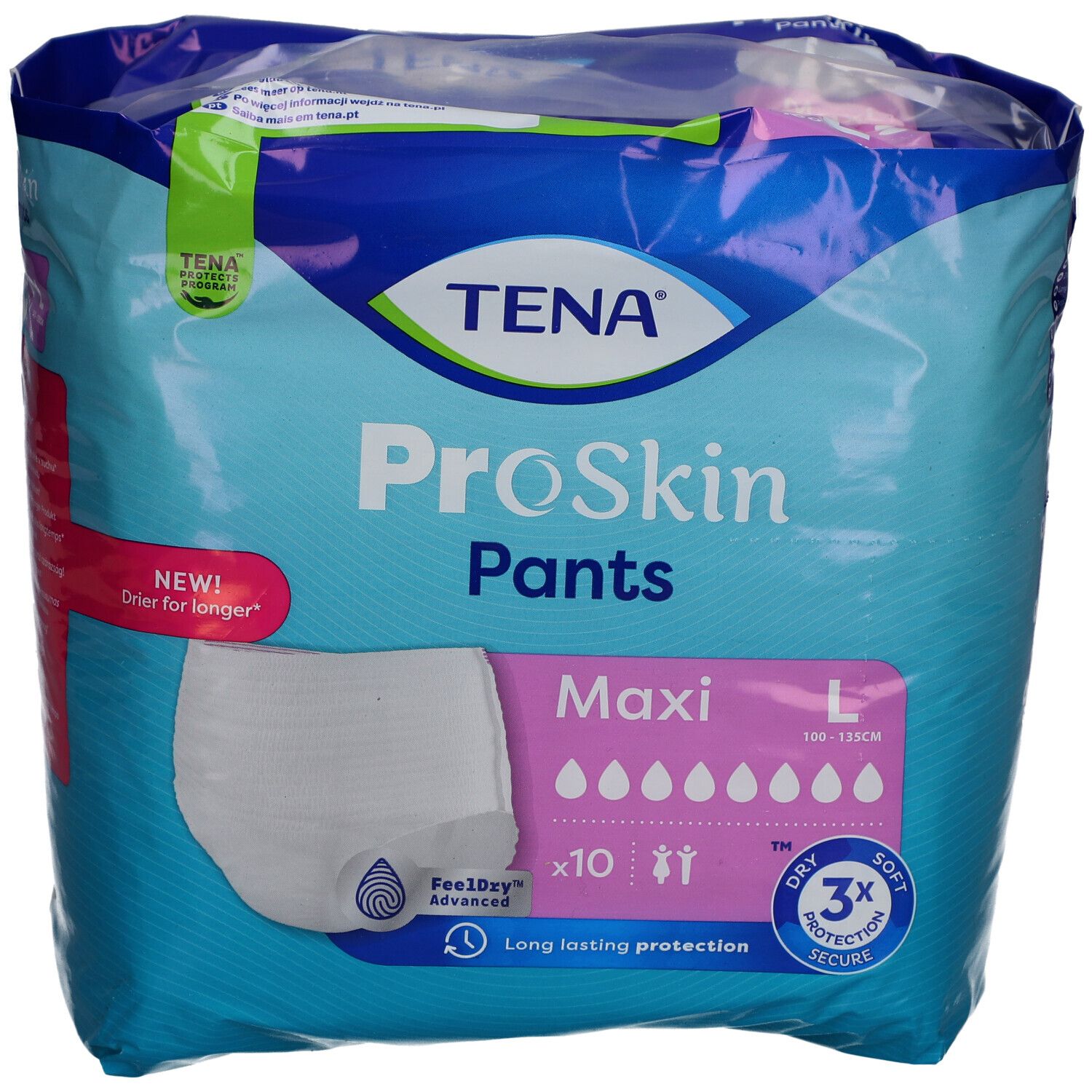 Paquet TENA ProSkin Pants Maxi, taille L, 100-135 cm. 10 unités. Protection 3x. Feeldry Advanced. Design bleu et blanc.