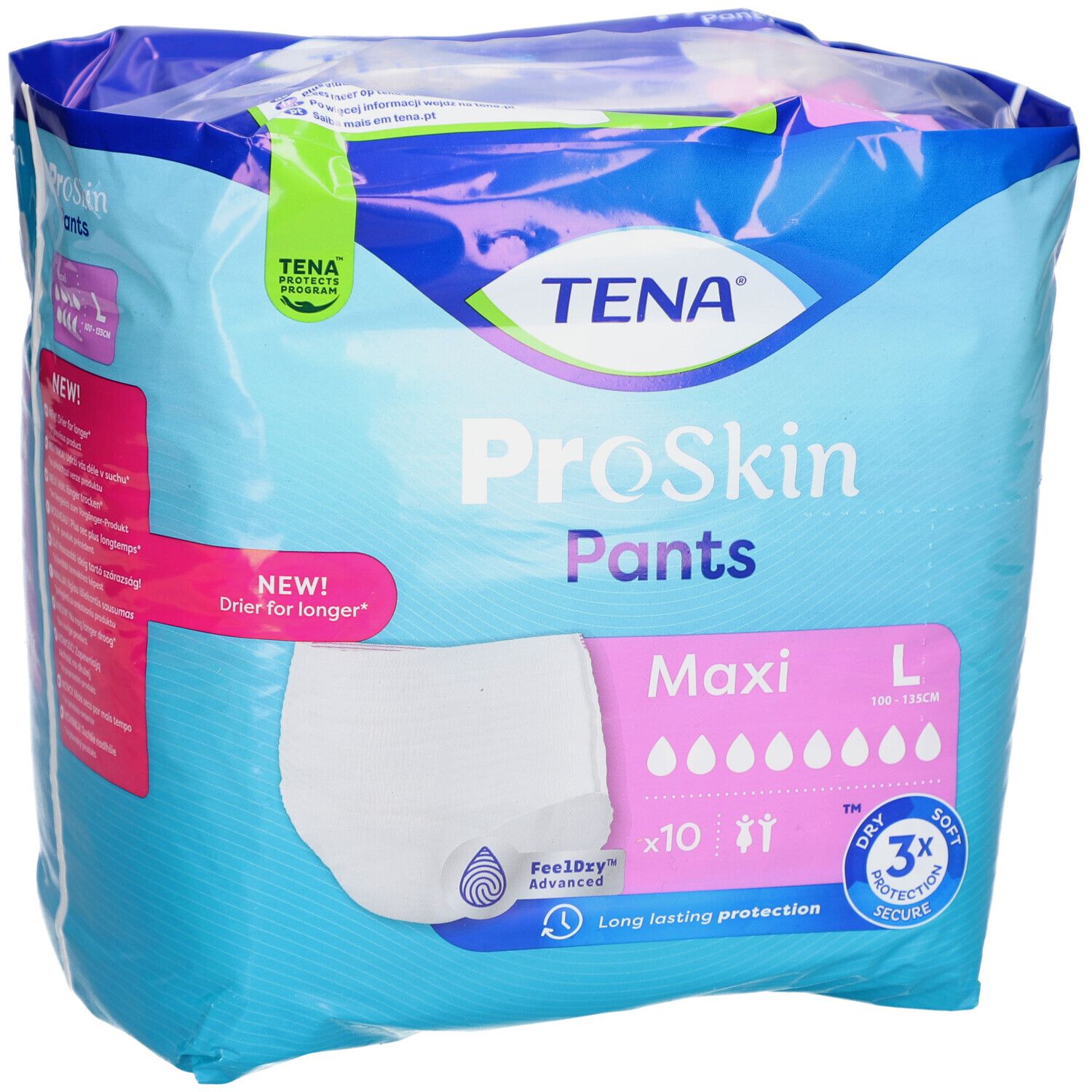 Paquet TENA ProSkin Pants Maxi, taille L, 100-135 cm. 10 unités. Protection 3x. Feeldry Advanced. Design bleu et blanc.