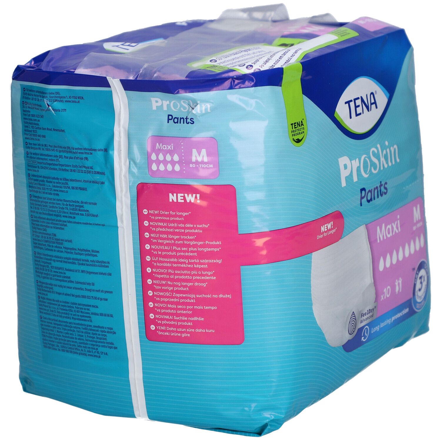 Paquet TENA ProSkin Pants Maxi M. Emballage bleu avec image et texte. Taille M, 80-110 cm. Texte au dos.