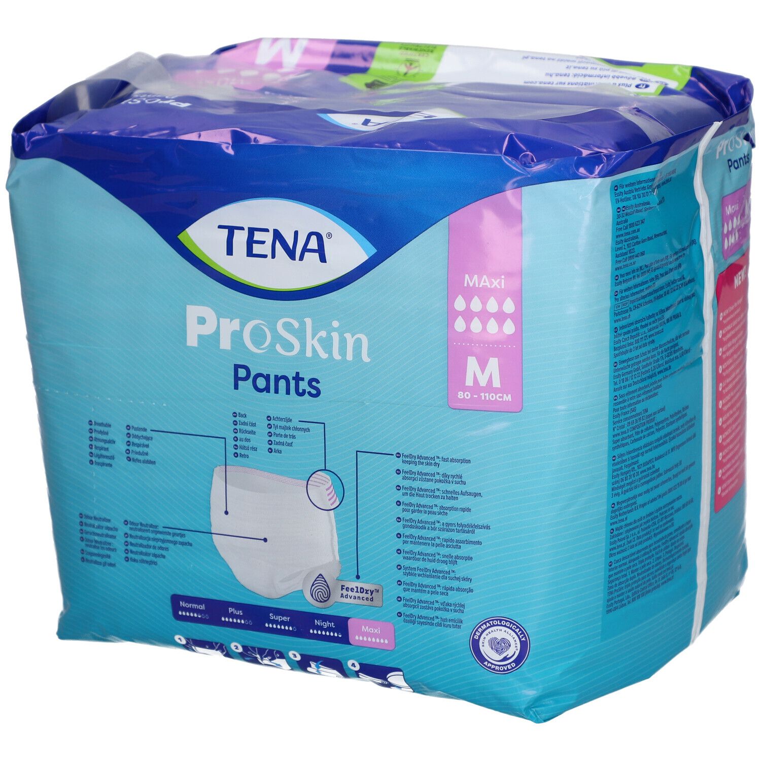 Paquet TENA ProSkin Pants Maxi M. Emballage bleu avec image et texte. Taille M, 80-110 cm. Logo.