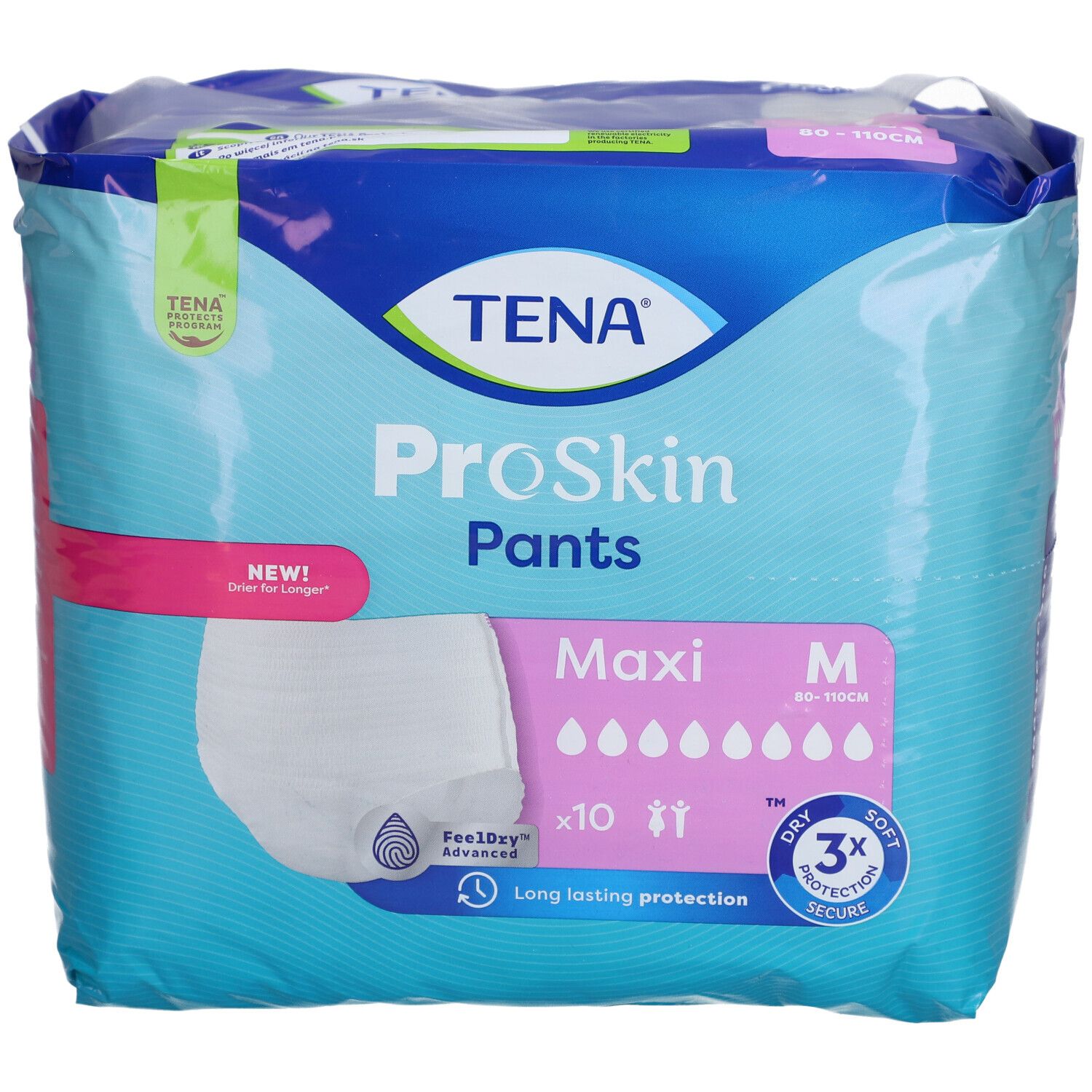 Paquet TENA ProSkin Pants Maxi M. Emballage bleu avec image et texte. Taille M, 80-110 cm. 10 pièces.