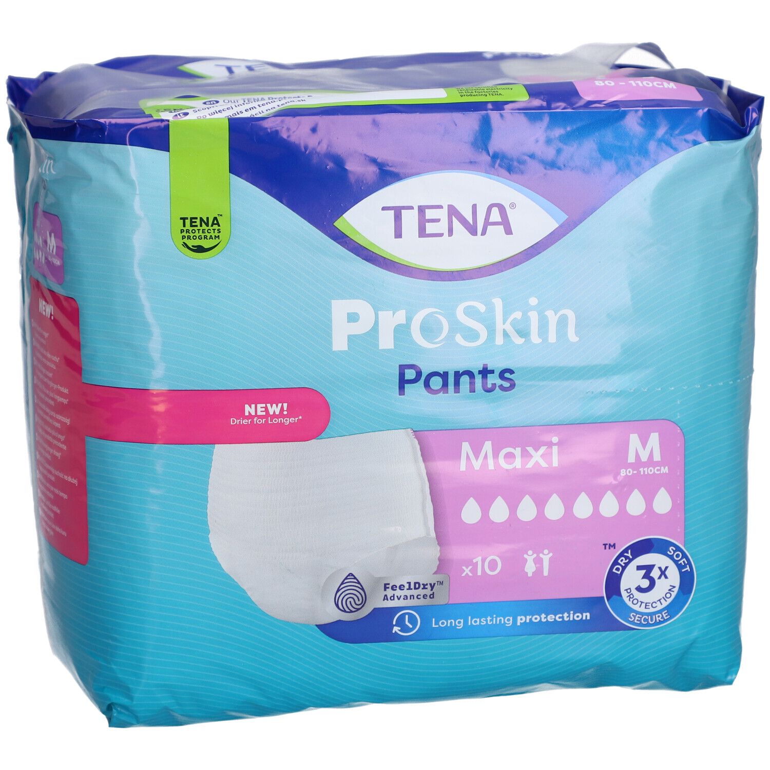 Paquet TENA ProSkin Pants Maxi M. Emballage bleu avec image et texte. Taille M, 80-110 cm. 10 pièces.