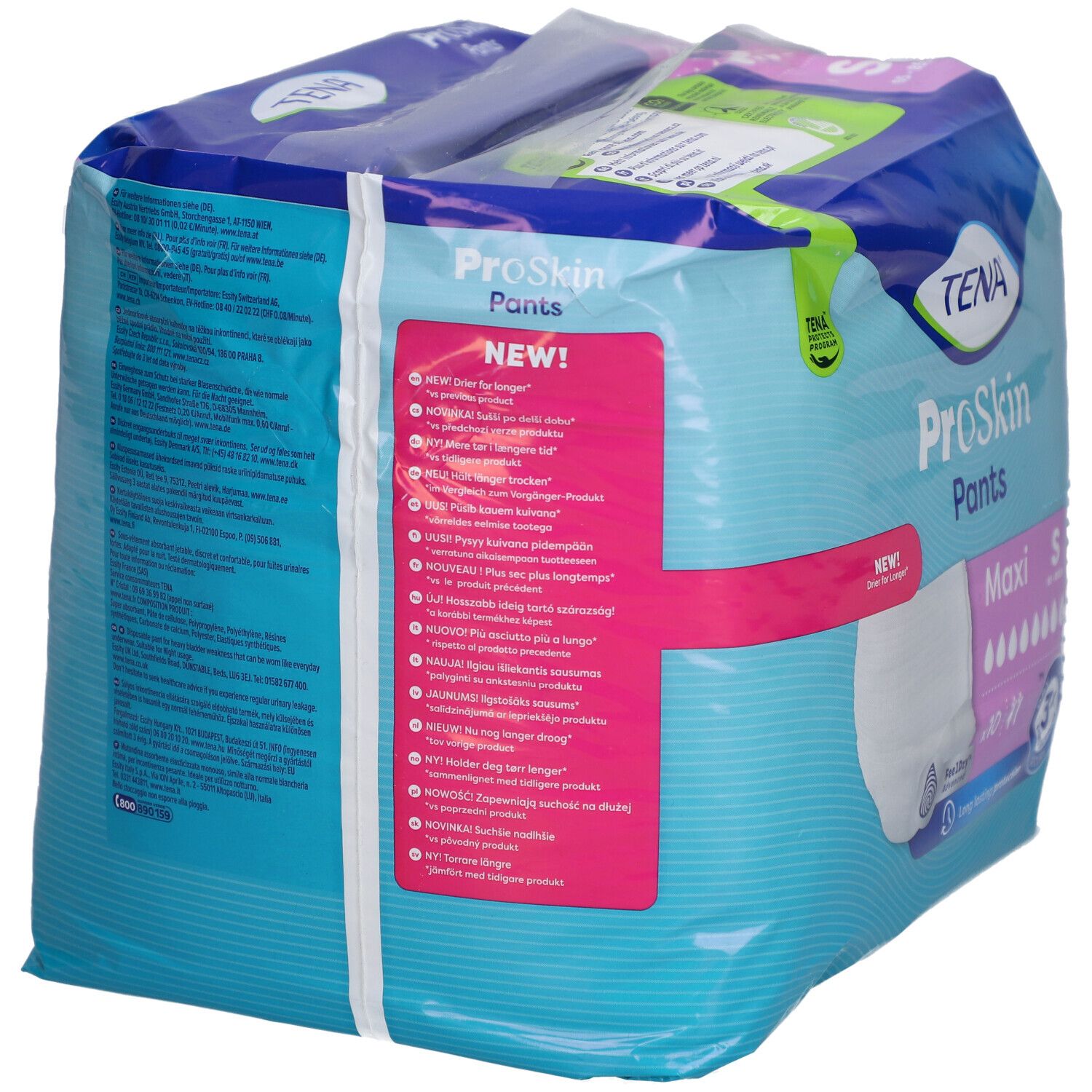 Dos du paquet TENA ProSkin Pants Maxi S. Texte multilingue. Taille S. Technologie Feeldry et protection 3x.