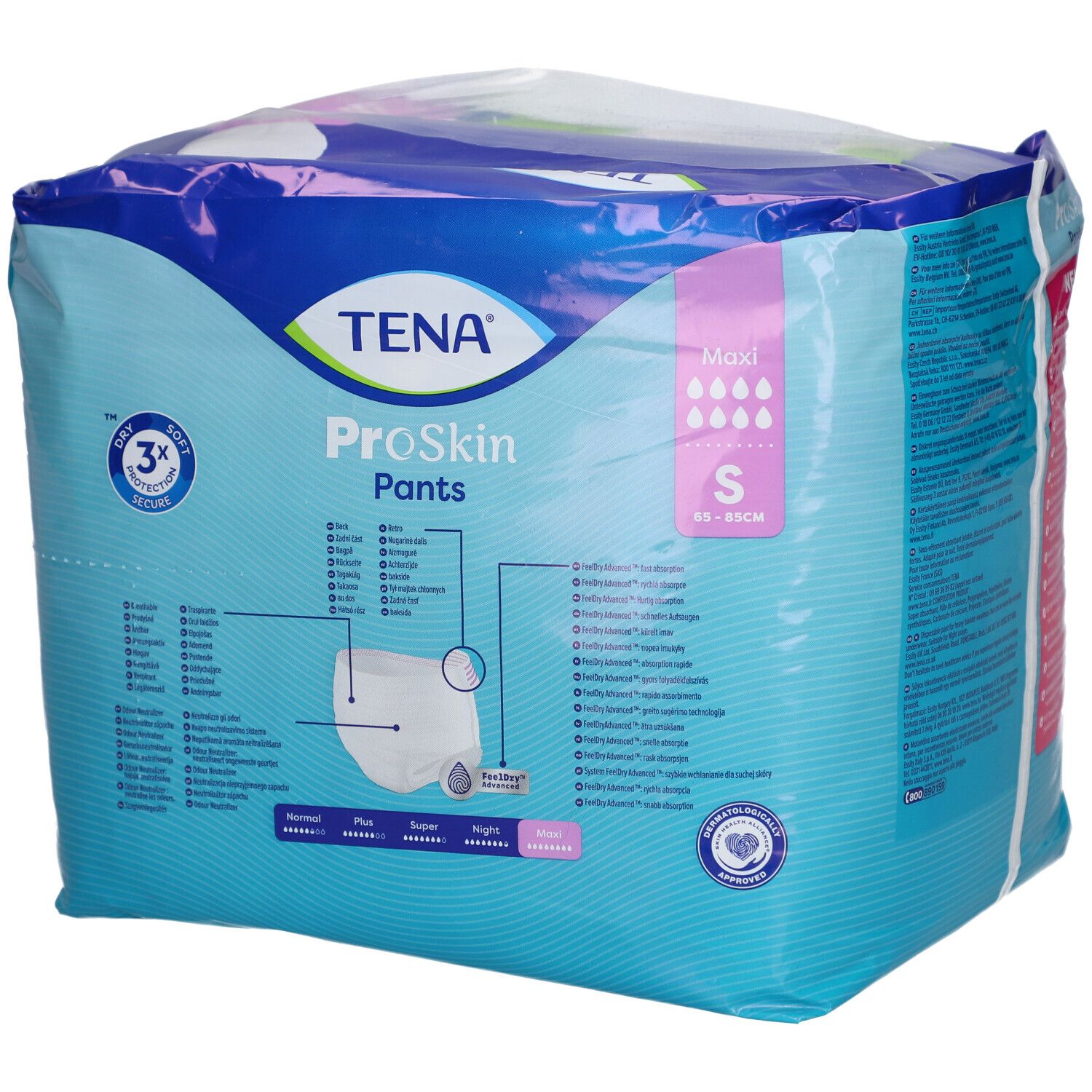 Paquet TENA ProSkin Pants Maxi S. Bleu et blanc. Taille S. Technologie Feeldry et protection 3x. Texte multilingue.