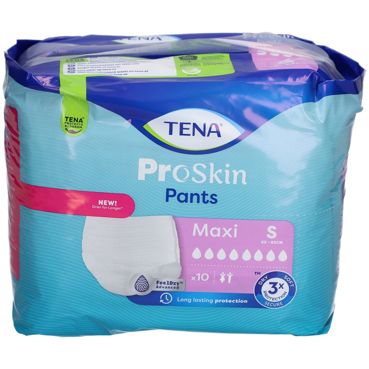 Paquet de TENA ProSkin Pants Maxi S. Bleu et blanc. Dix unités. Taille S. Technologie Feeldry et protection 3x.