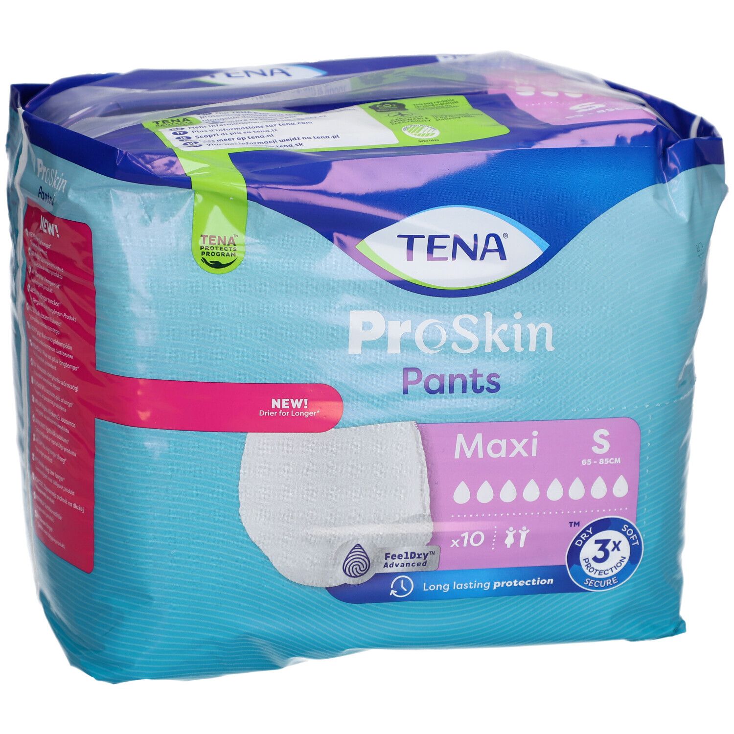 Paquet de TENA ProSkin Pants Maxi S. Bleu et blanc. Dix unités. Taille S. Technologie Feeldry et protection 3x.