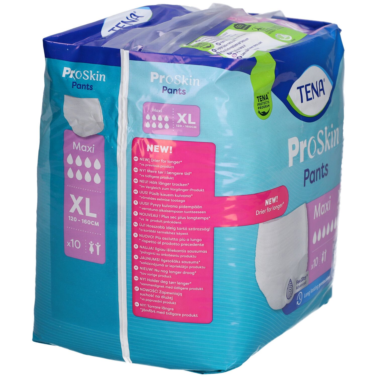 Paquet TENA ProSkin Pants Maxi XL. Taille XL, 120-160cm. Contient 10 unités. Informations produit multilingues.