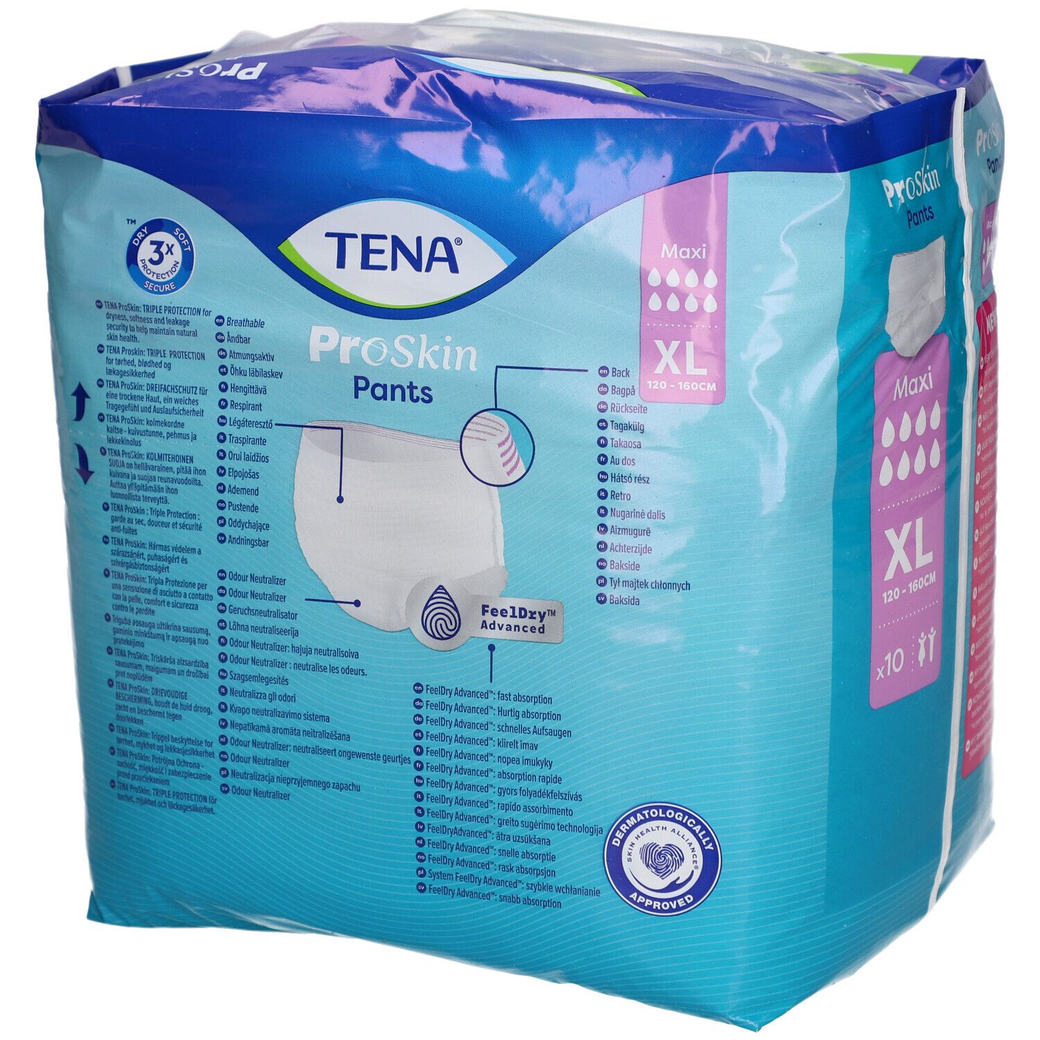 Dos du paquet TENA ProSkin Pants Maxi XL. Taille XL, 120-160cm. Avec FeelDry Advanced et testé dermatologiquement.