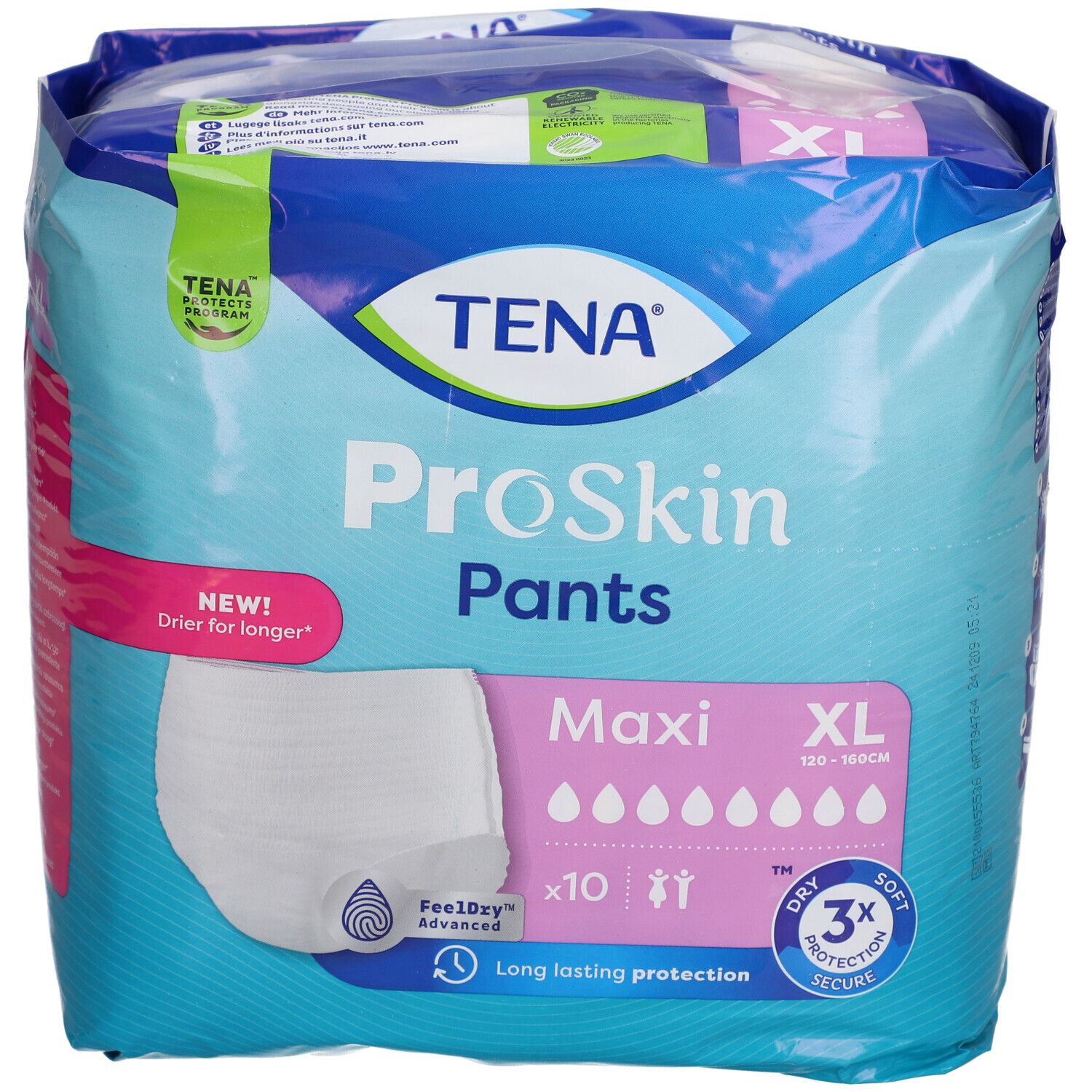Paquet de TENA ProSkin Pants Maxi XL. Taille XL, 120-160cm. Contient 10 unités. Avec FeelDry Advanced.