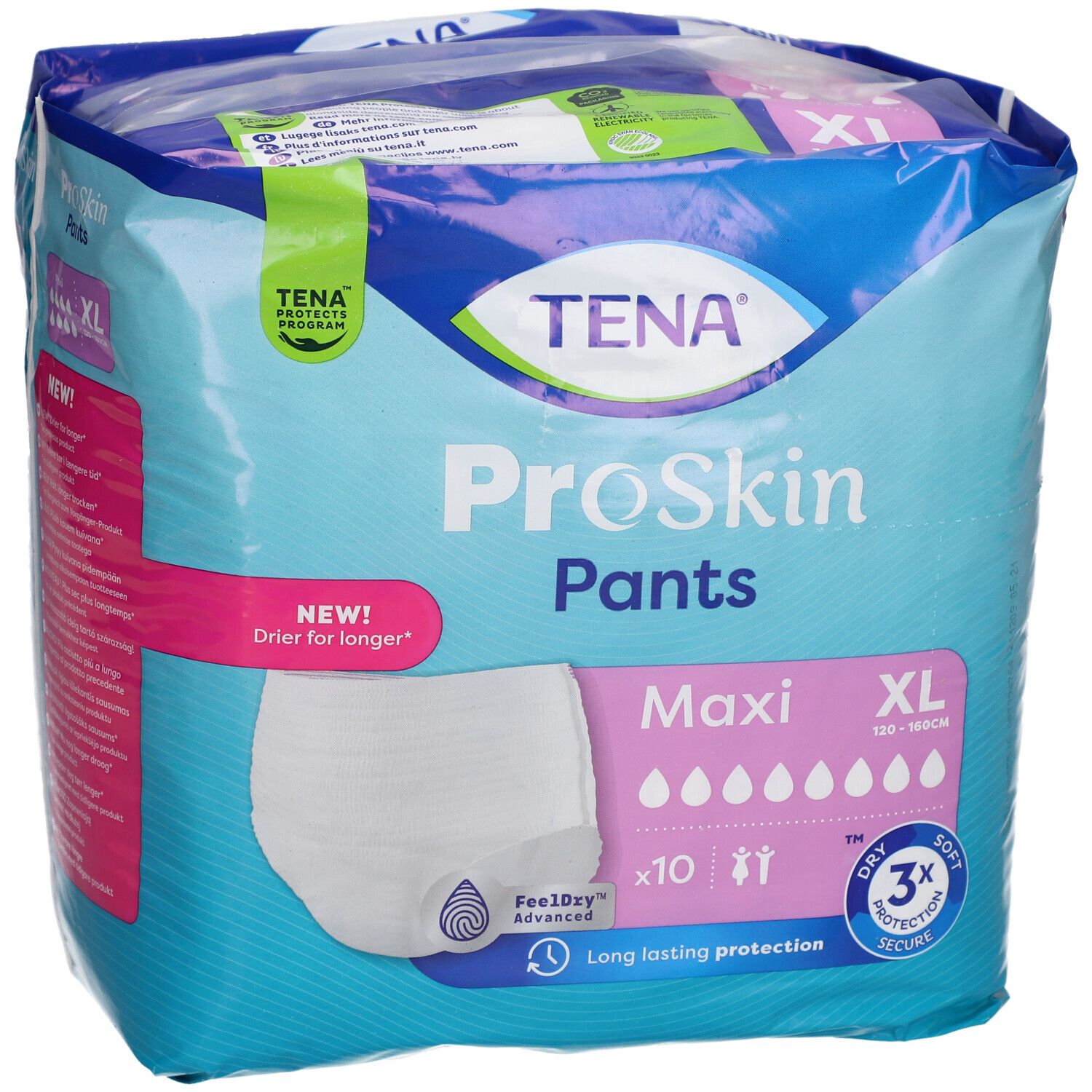 Paquet de TENA ProSkin Pants Maxi XL. Taille XL, 120-160cm. Contient 10 unités. Avec FeelDry Advanced.
