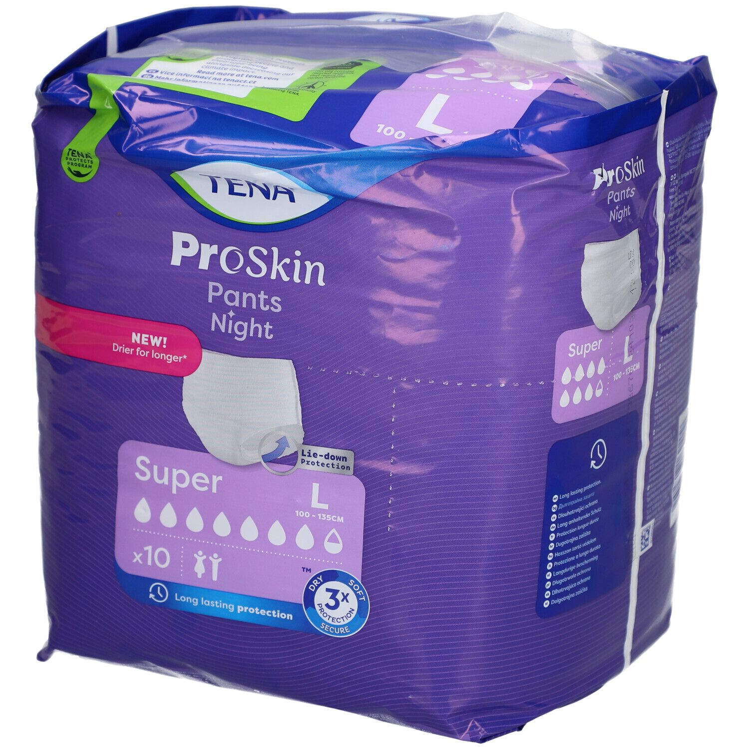 Paquet de TENA ProSkin Pants Night Super L. Emballage violet avec image du produit, informations sur la taille, l'absorption et la quantité.