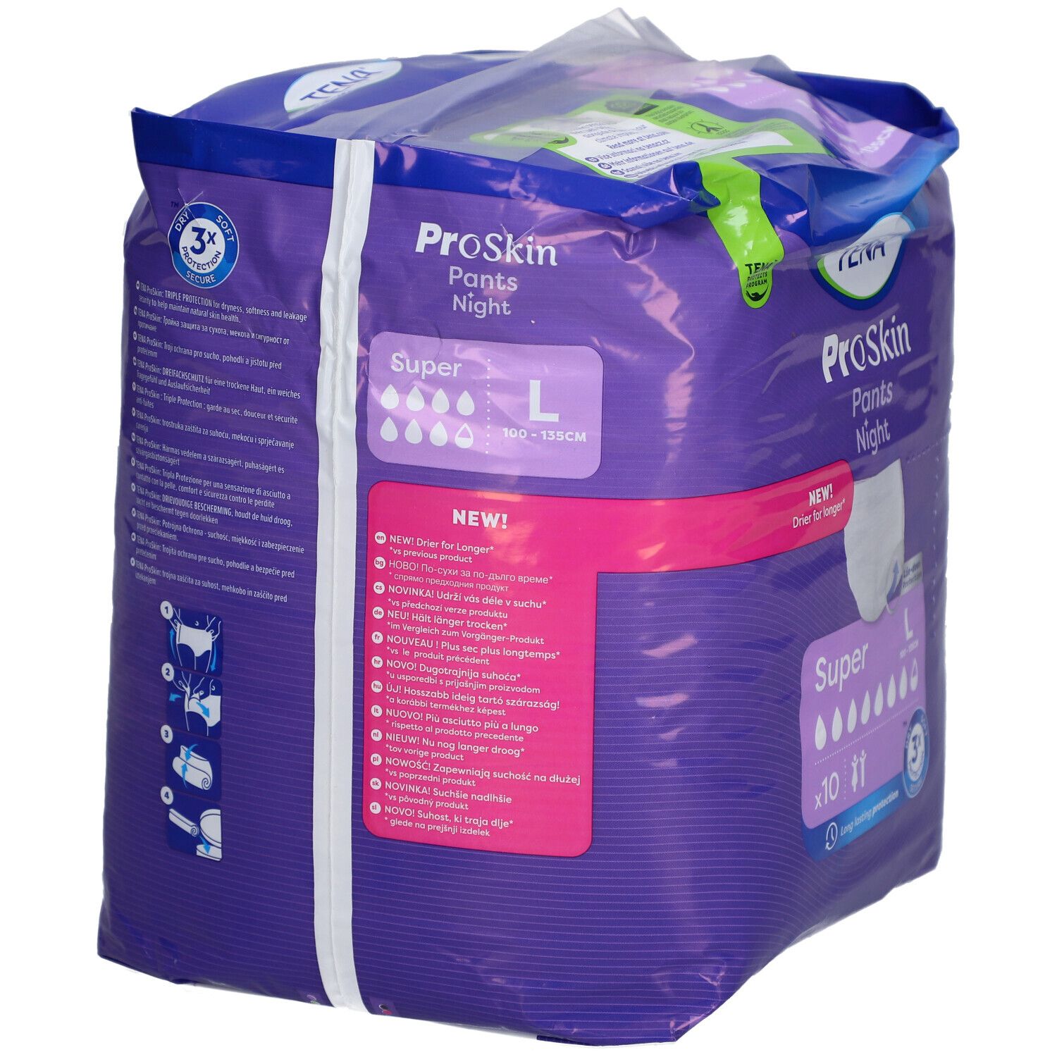 Dos du paquet TENA ProSkin Pants Night Super L. Emballage violet avec informations produit et pictogrammes.