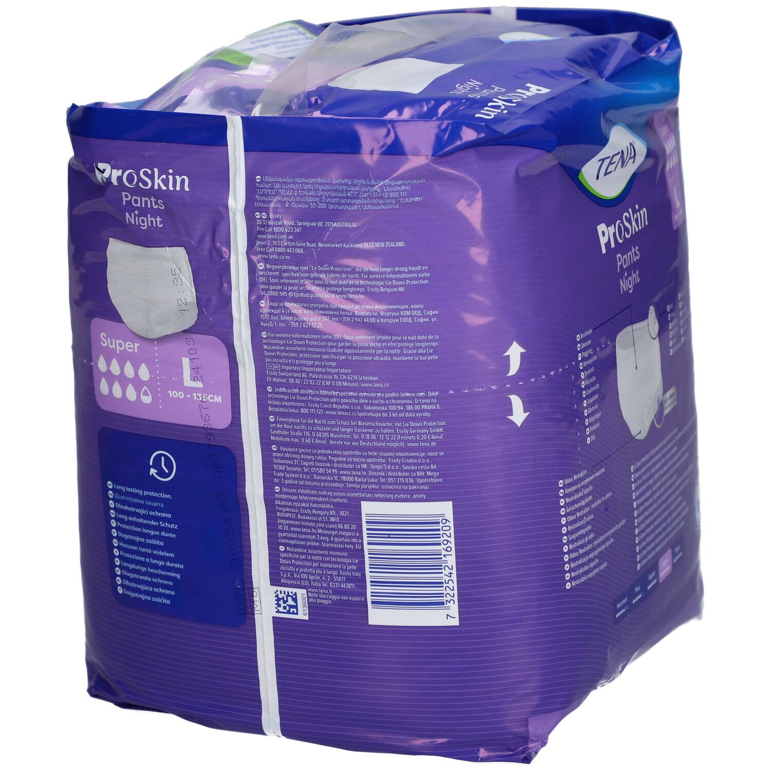 Dos du paquet TENA ProSkin Pants Night Super L. Emballage violet avec informations produit et pictogrammes.