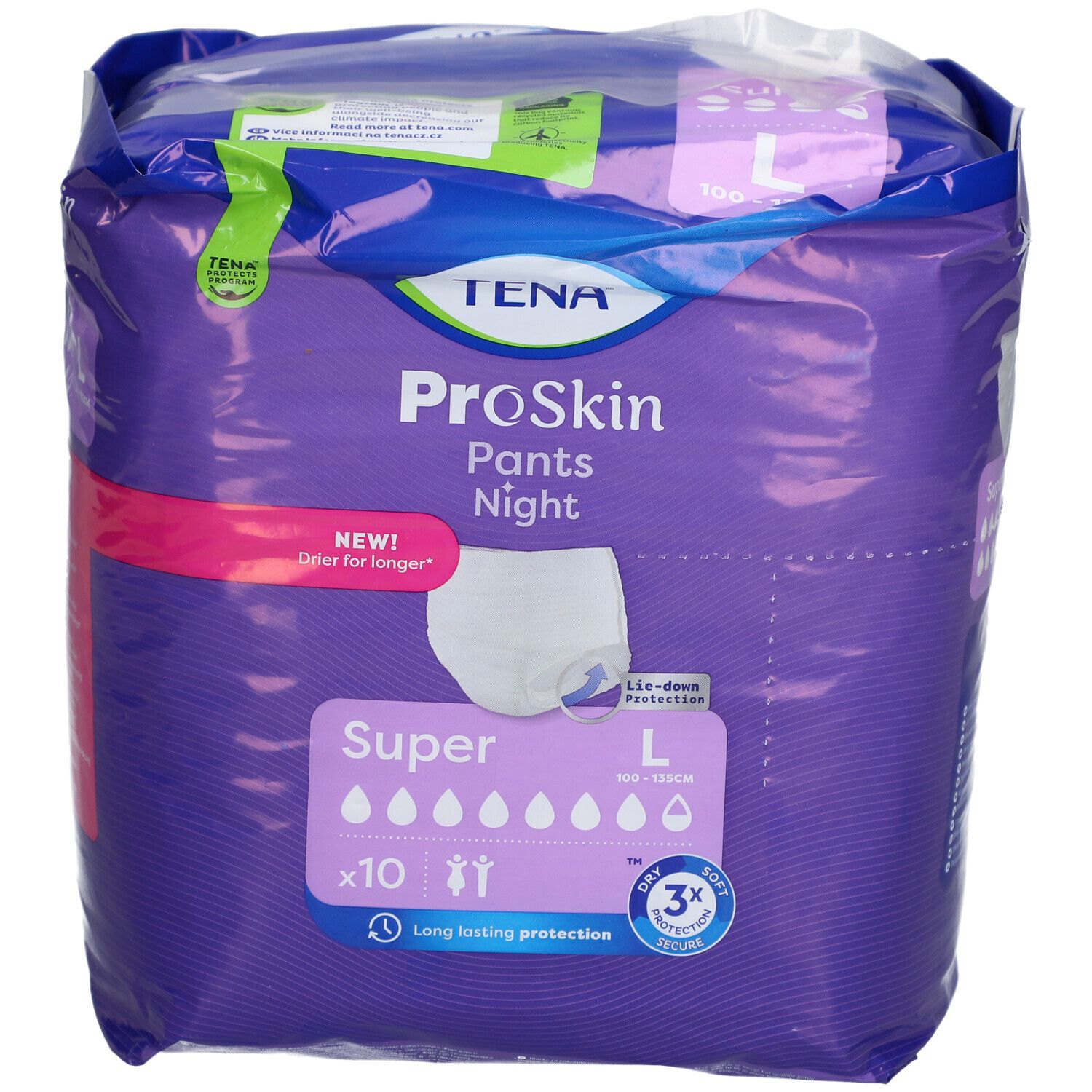 Paquet de TENA ProSkin Pants Night Super L. Emballage violet avec image du produit, informations sur la taille, l'absorption et la quantité.