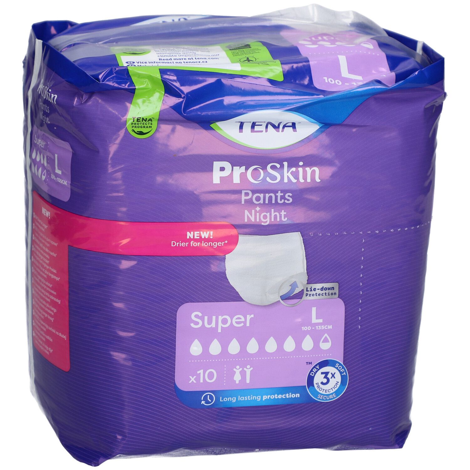 Paquet de TENA ProSkin Pants Night Super L. Emballage violet avec image du produit, informations sur la taille, l'absorption et la quantité.