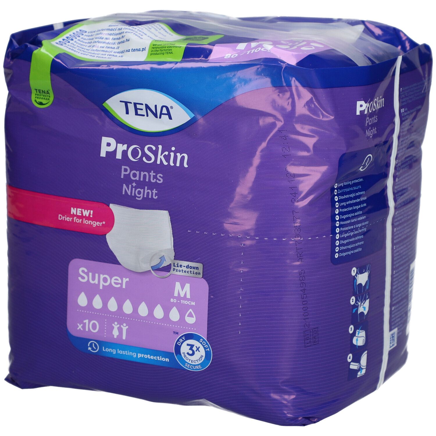 Paquet de TENA ProSkin Pants Night Super Medium. Emballage violet avec image du produit et informations. Taille M, 10 pièces.