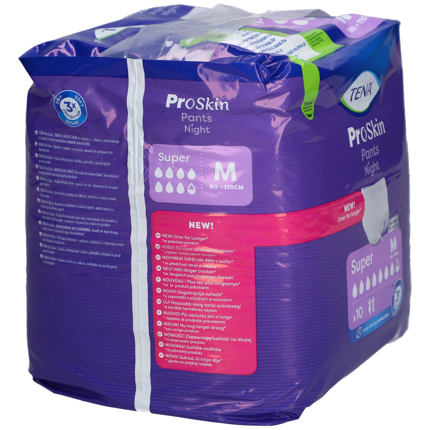 Paquet de TENA ProSkin Pants Night Super Medium. Emballage violet avec informations produit. Taille M, 10 pièces. Textes multilingues.
