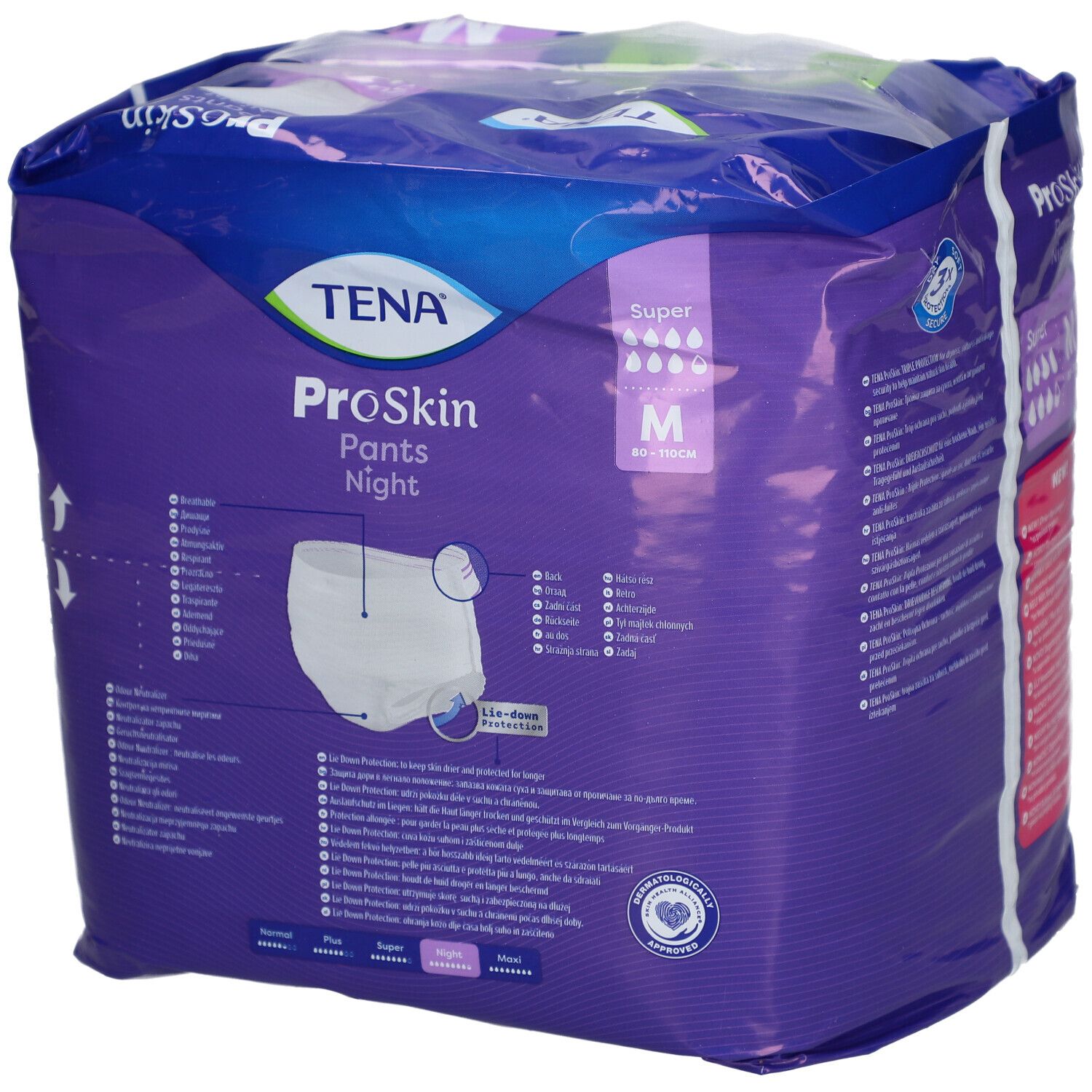 Paquet de TENA ProSkin Pants Night Super Medium. Emballage violet avec image du produit et informations. Taille M, 10 pièces.