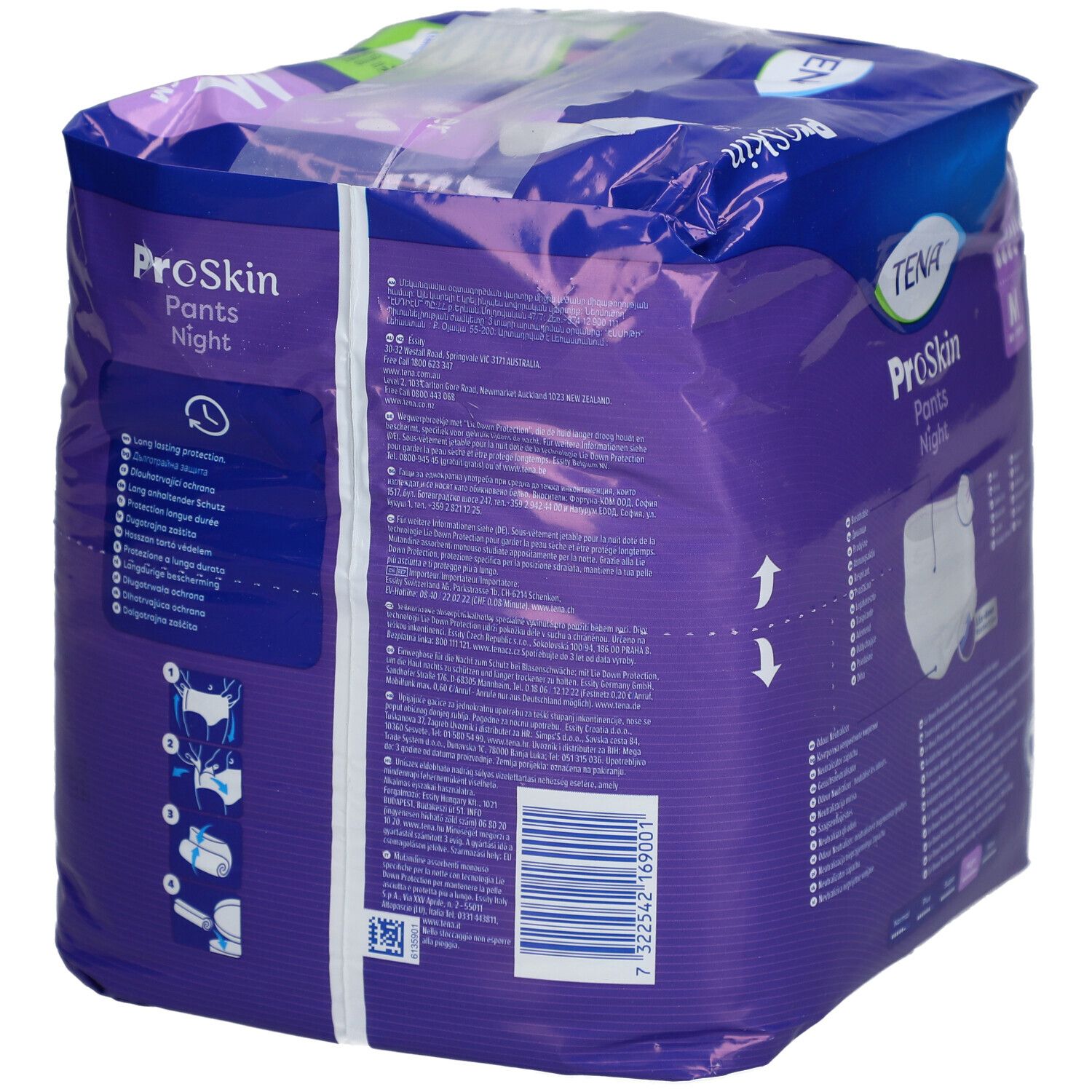 Dos du paquet TENA ProSkin Pants Night Super Medium. Emballage violet avec informations produit et code-barres.
