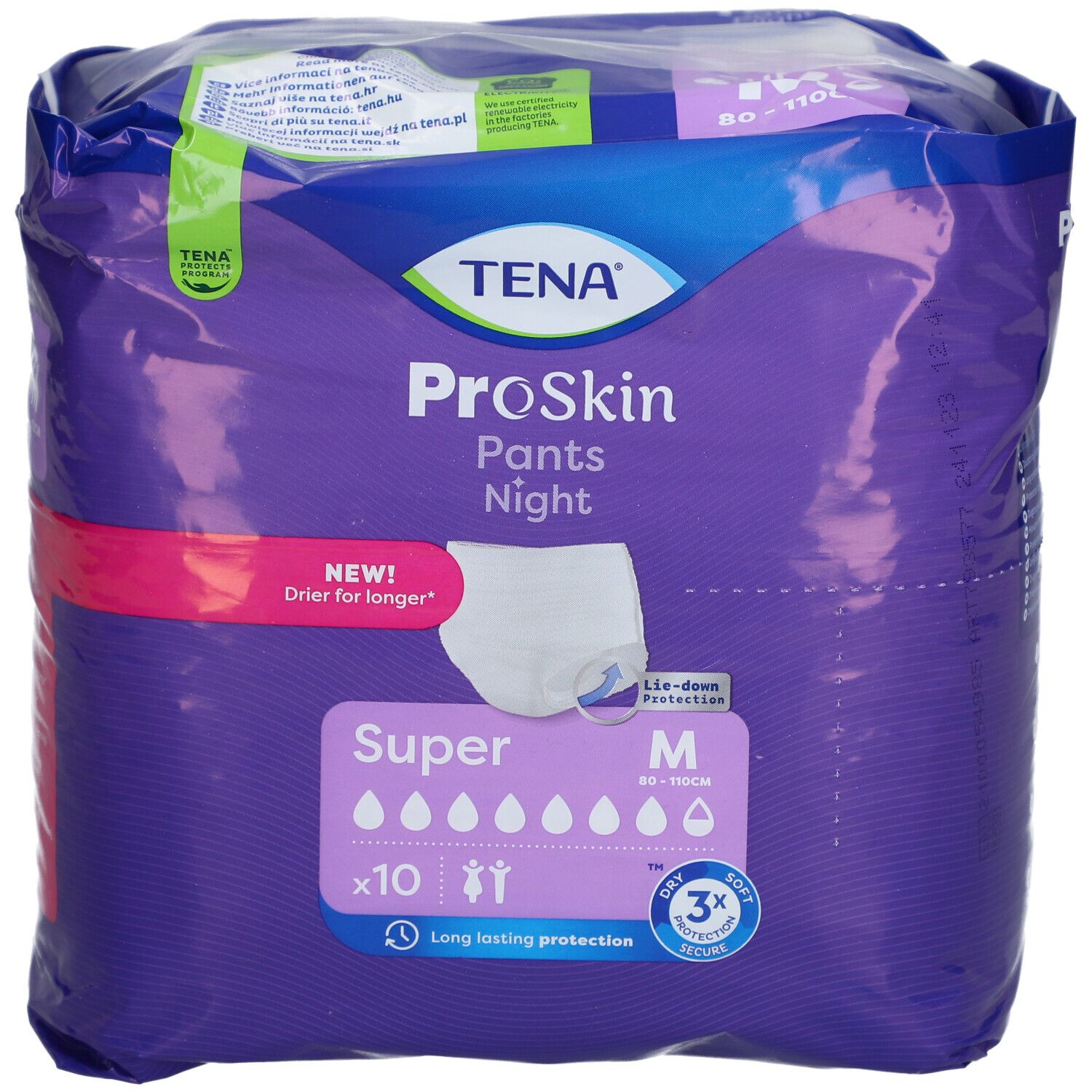 Paquet de TENA ProSkin Pants Night Super Medium. Emballage violet avec image du produit et informations. Taille M, 10 pièces.