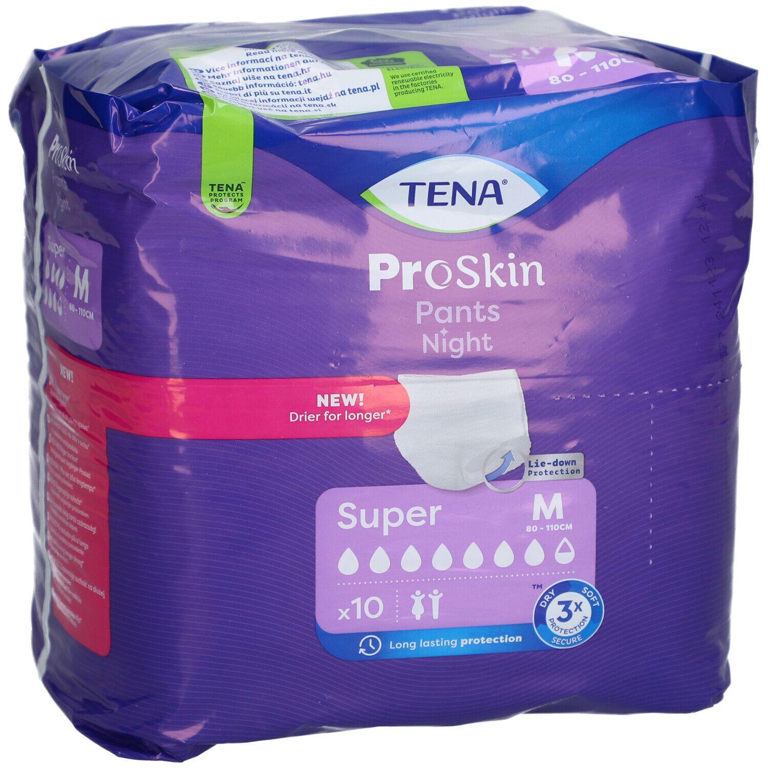 Paquet de TENA ProSkin Pants Night Super Medium. Emballage violet avec image du produit et informations. Taille M, 10 pièces.