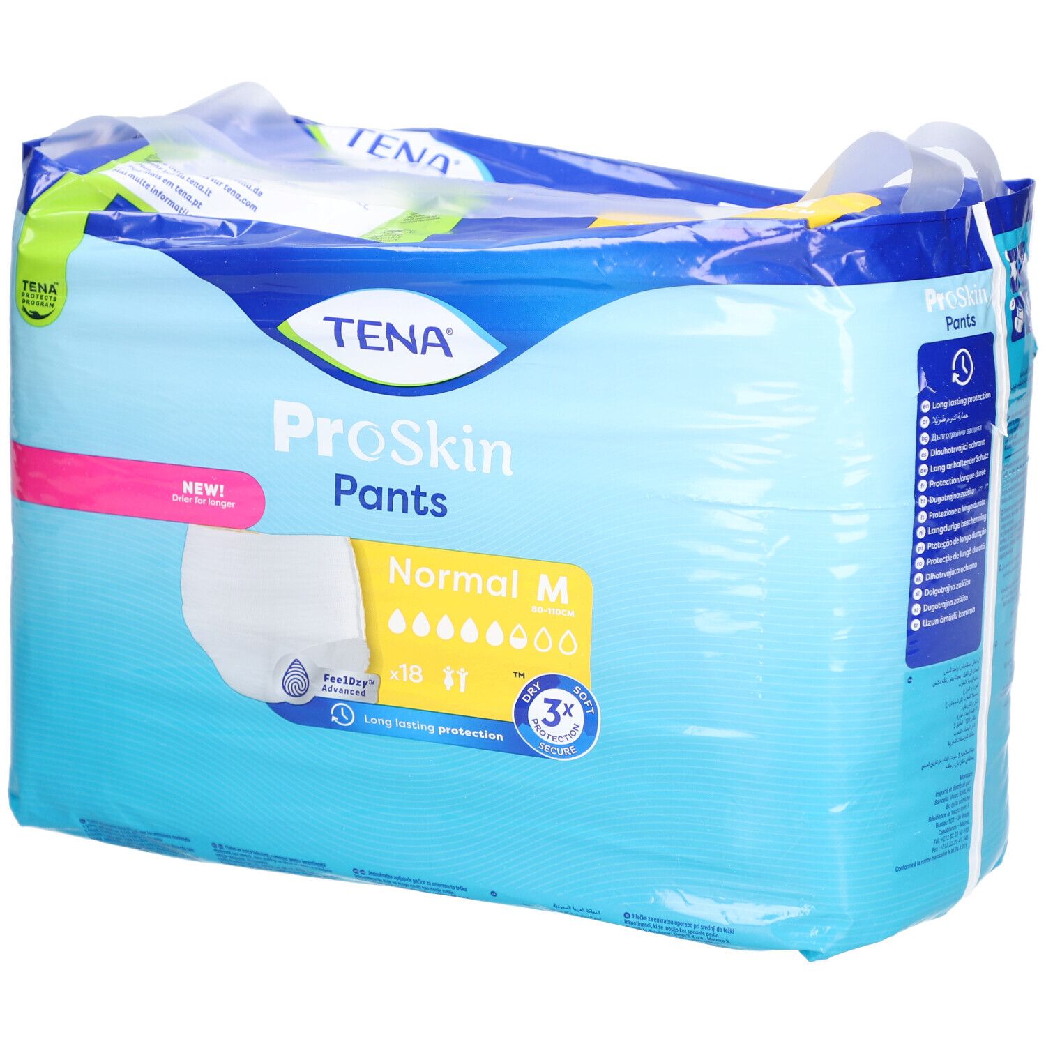 Verpackung TENA ProSkin Pants Normal M. Blaue Verpackung mit Produktabbildung und Produktinformationen. Sichtbar: NEW!, 3x Schutz.
