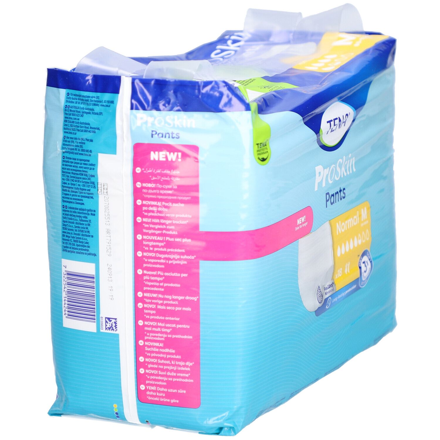 Verpackung TENA ProSkin Pants Normal M. Rückseite der Verpackung mit Produktinformationen und Texten in verschiedenen Sprachen.