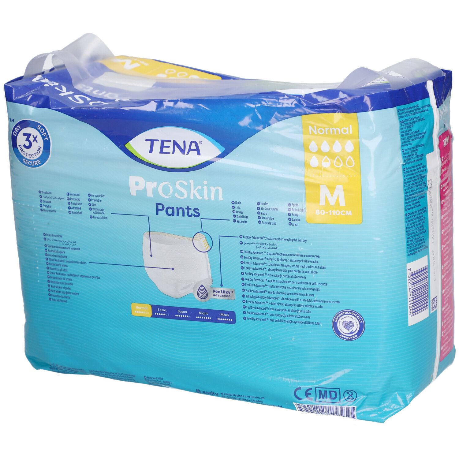 Verpackung TENA ProSkin Pants Normal M. Blaue Verpackung mit Produktabbildung und Produktinformationen. Sichtbar: M, 80-110cm, CE-Kennzeichnung.